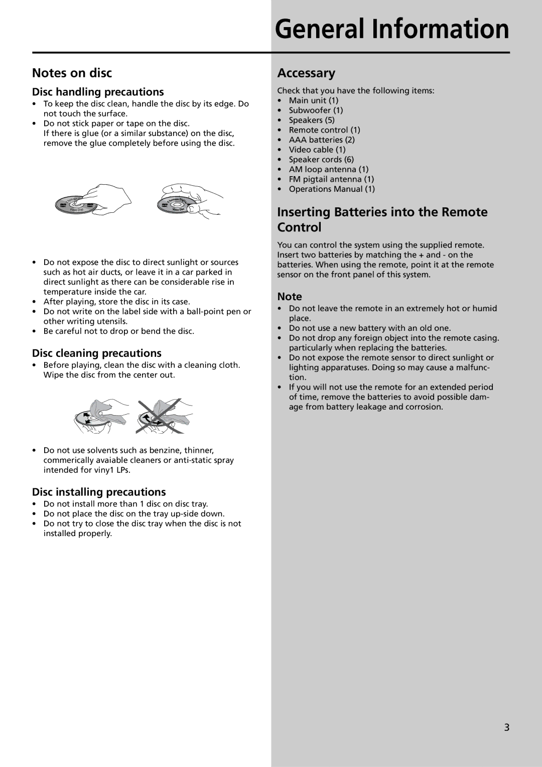 Technicolor - Thomson DPL911VD manual Accessary, Inserting Batteries into the Remote Control, Disc handling precautions 