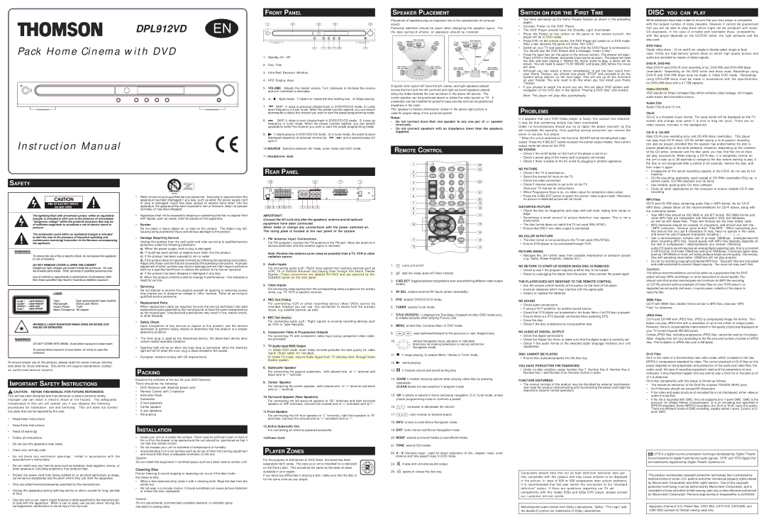 Technicolor - Thomson DPL912VD important safety instructions Safety Front Panel, Rear Panel Speaker Placement, Problems 