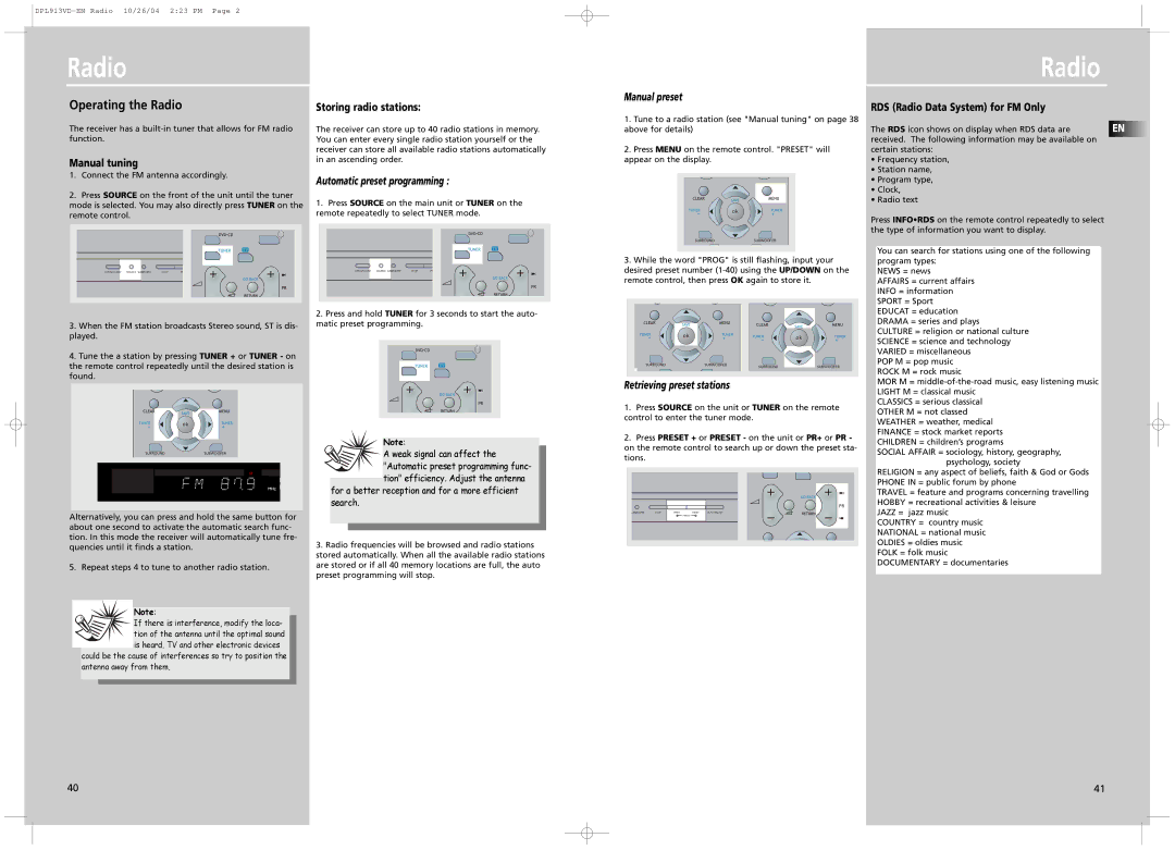 Technicolor - Thomson DPL913VD manual Storing radio stations, RDS Radio Data System for FM Only, Manual tuning 