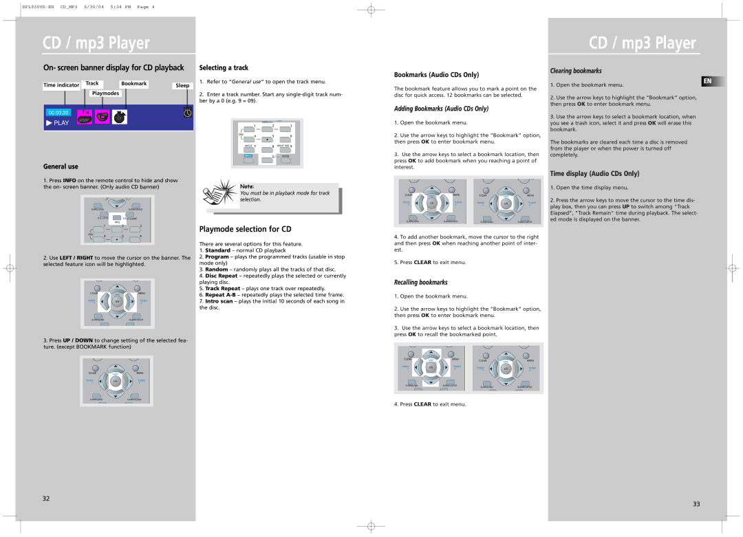 Technicolor - Thomson DPL930VD On- screen banner display for CD playback Selecting a track, Playmode selection for CD 