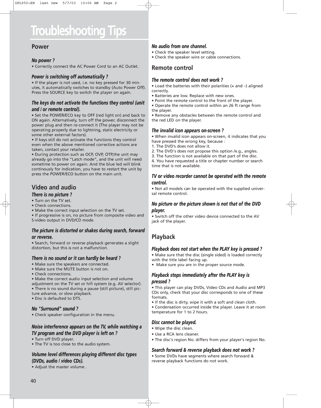 Technicolor - Thomson DPL950-EN manual Troubleshooting Tips, Power, Video and audio, Remote control, Playback 