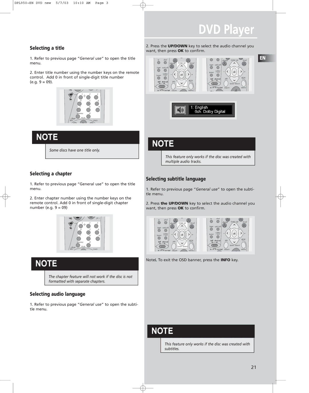 Technicolor - Thomson DPL950 Selecting a title, Selecting a chapter, Selecting audio language, Selecting subtitle language 