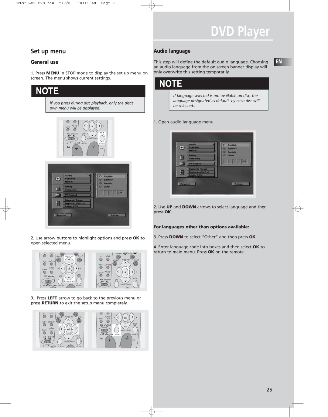 Technicolor - Thomson DPL950 manual Set up menu, Audio language 