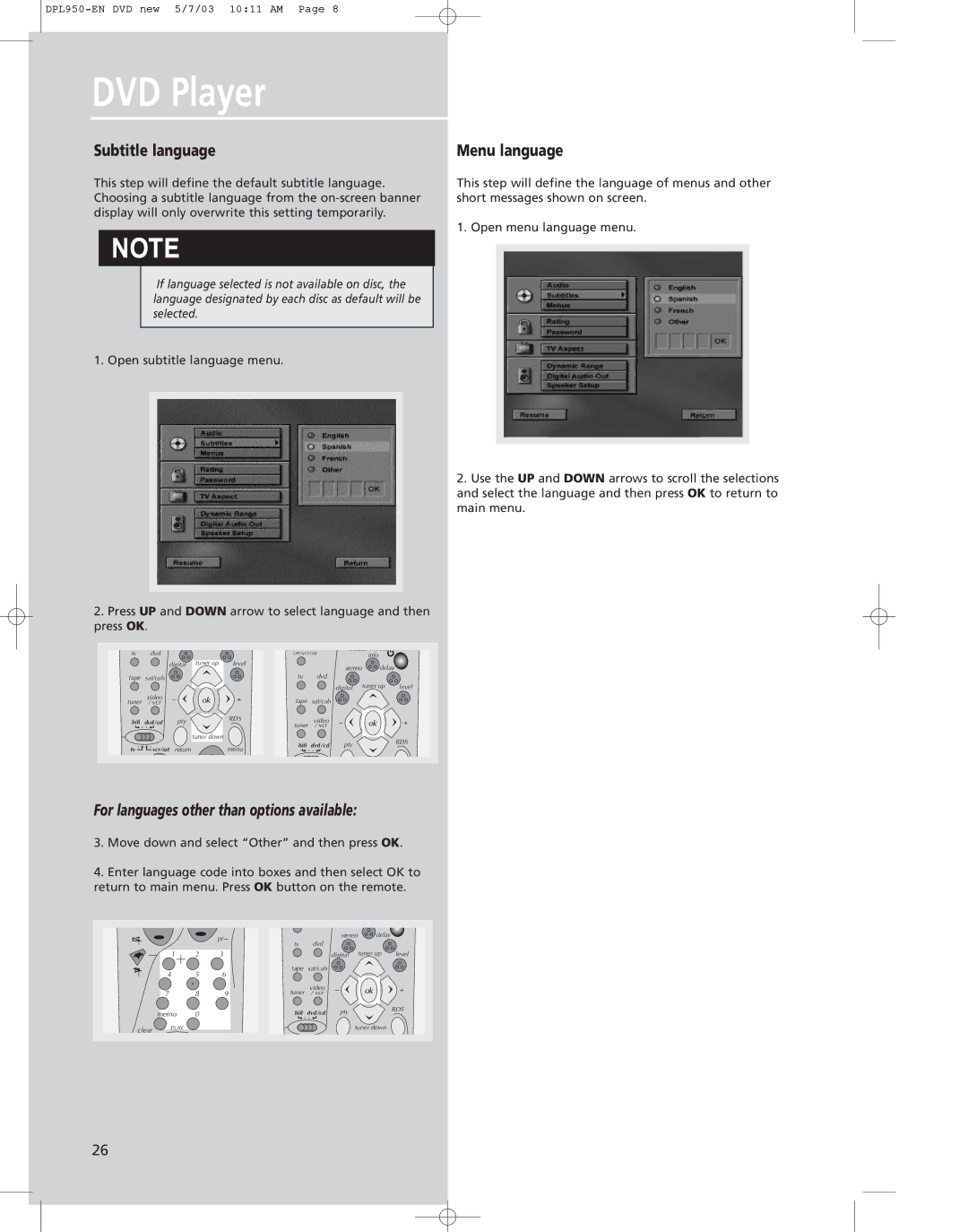 Technicolor - Thomson DPL950 manual Subtitle language, For languages other than options available 