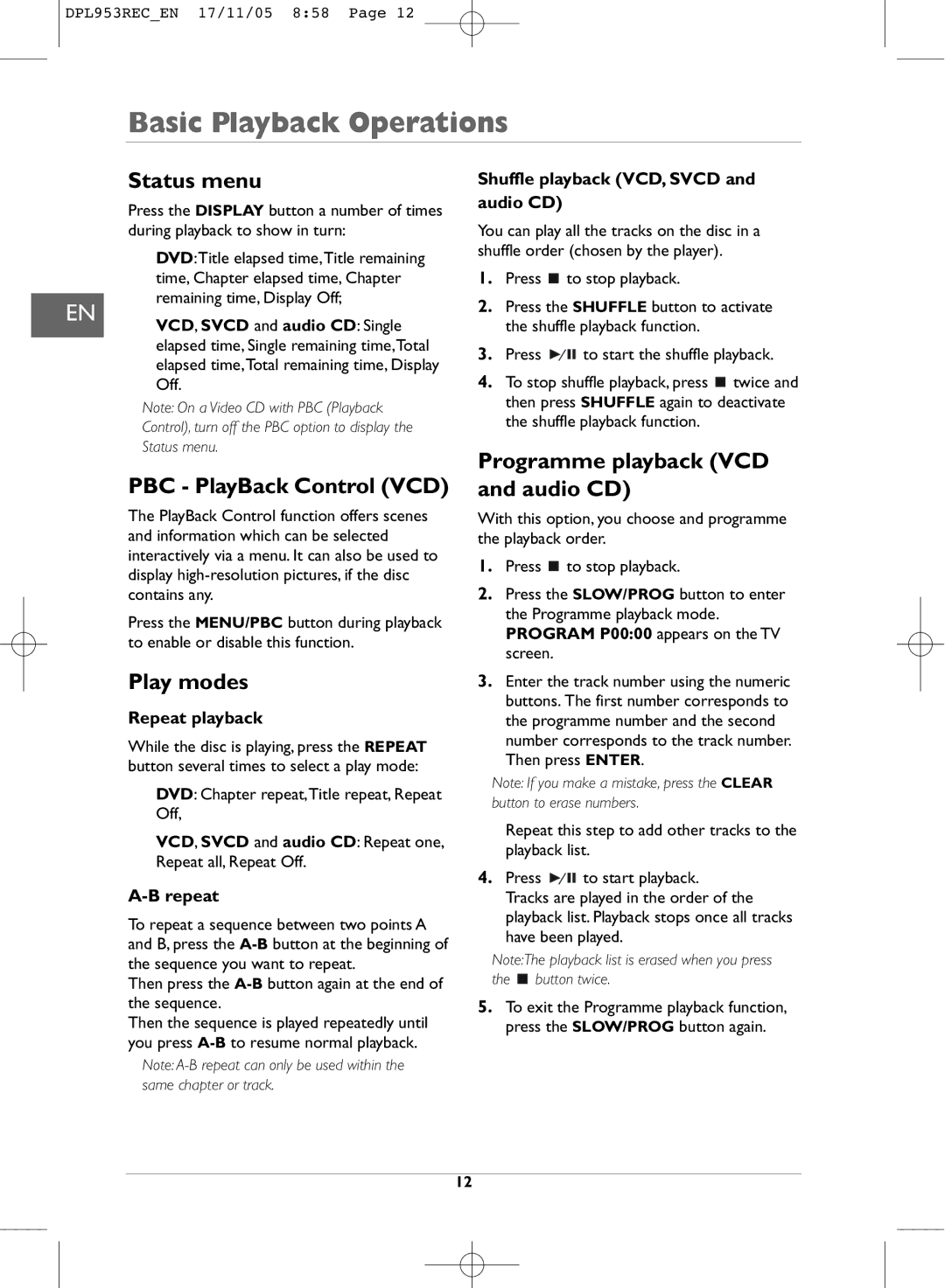 Technicolor - Thomson DPL953REC manual Basic Playback Operations, Status menu, PBC PlayBack Control VCD, Play modes 