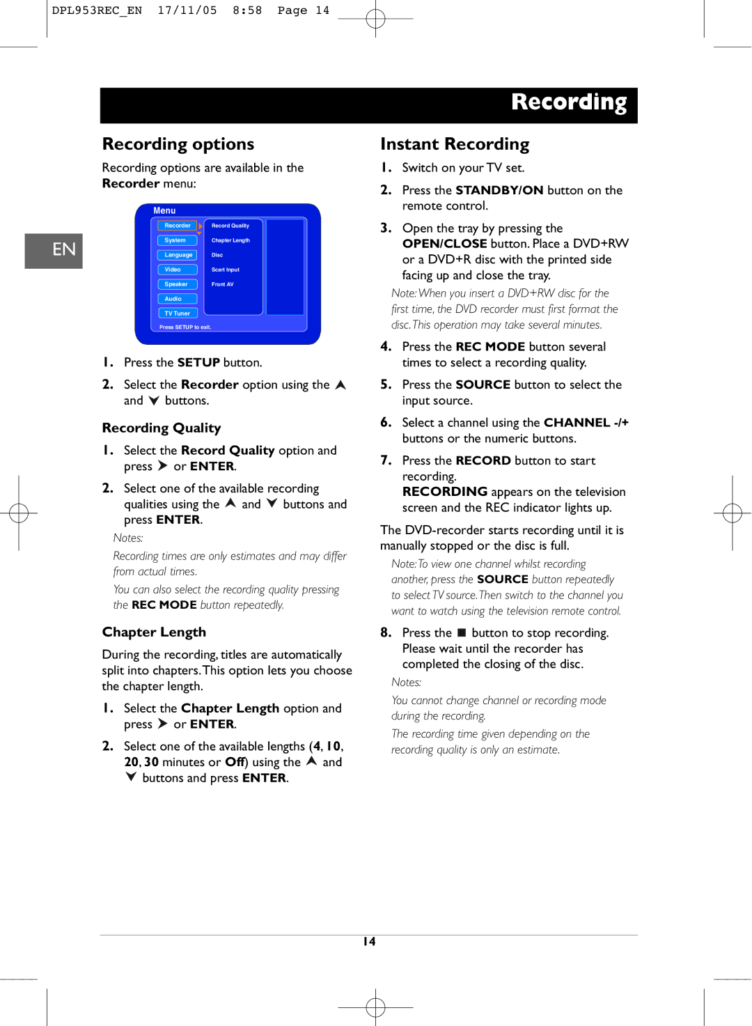 Technicolor - Thomson DPL953REC manual Recording options, Instant Recording, Recording Quality, Chapter Length 