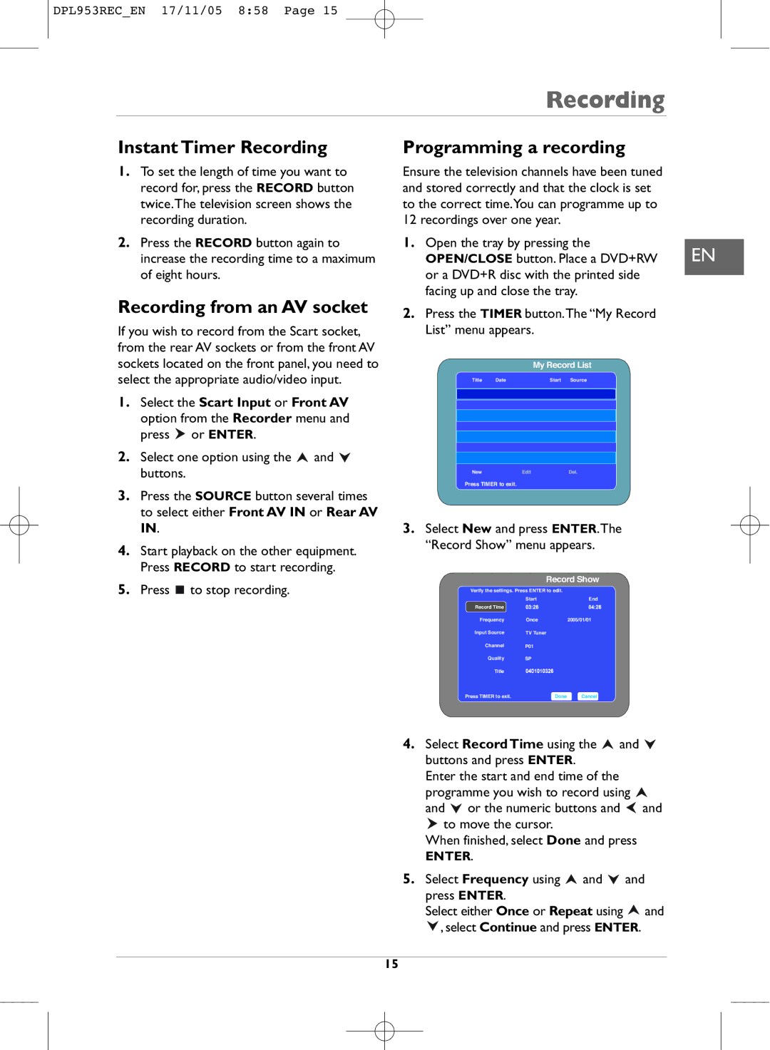 Technicolor - Thomson DPL953REC manual Instant Timer Recording, Programming a recording, Recording from an AV socket 