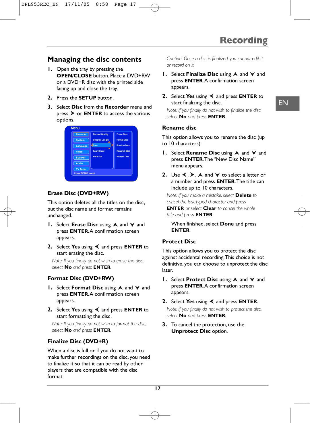 Technicolor - Thomson DPL953REC manual Managing the disc contents 