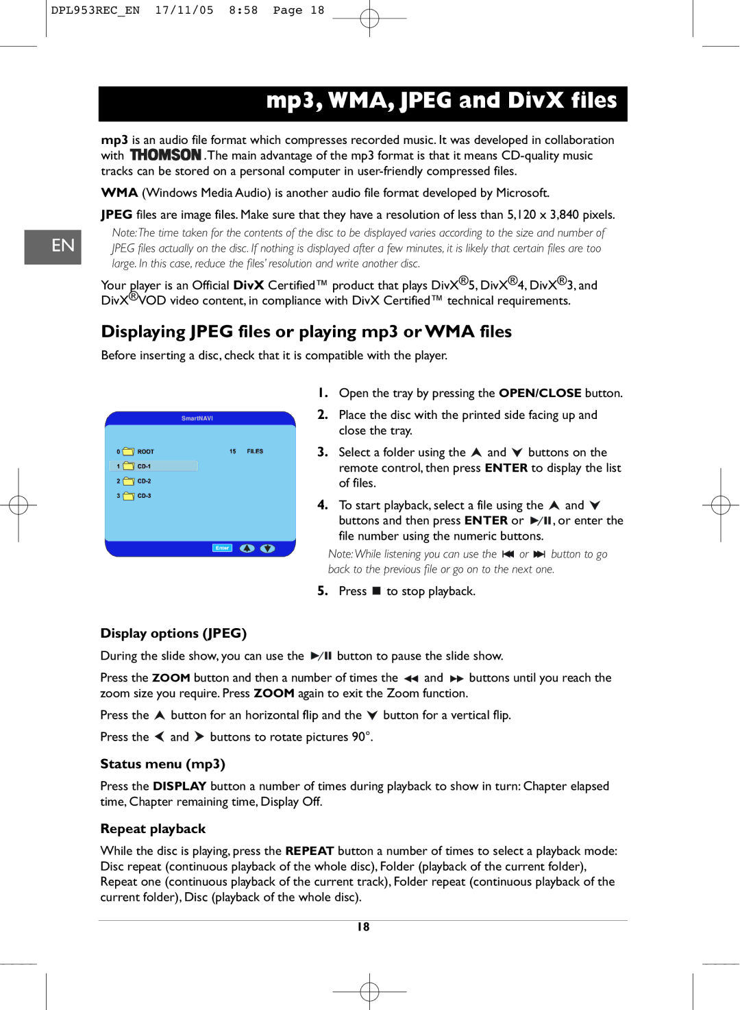 Technicolor - Thomson DPL953REC manual Mp3, WMA, Jpeg and DivX files, Displaying Jpeg files or playing mp3 or WMA files 