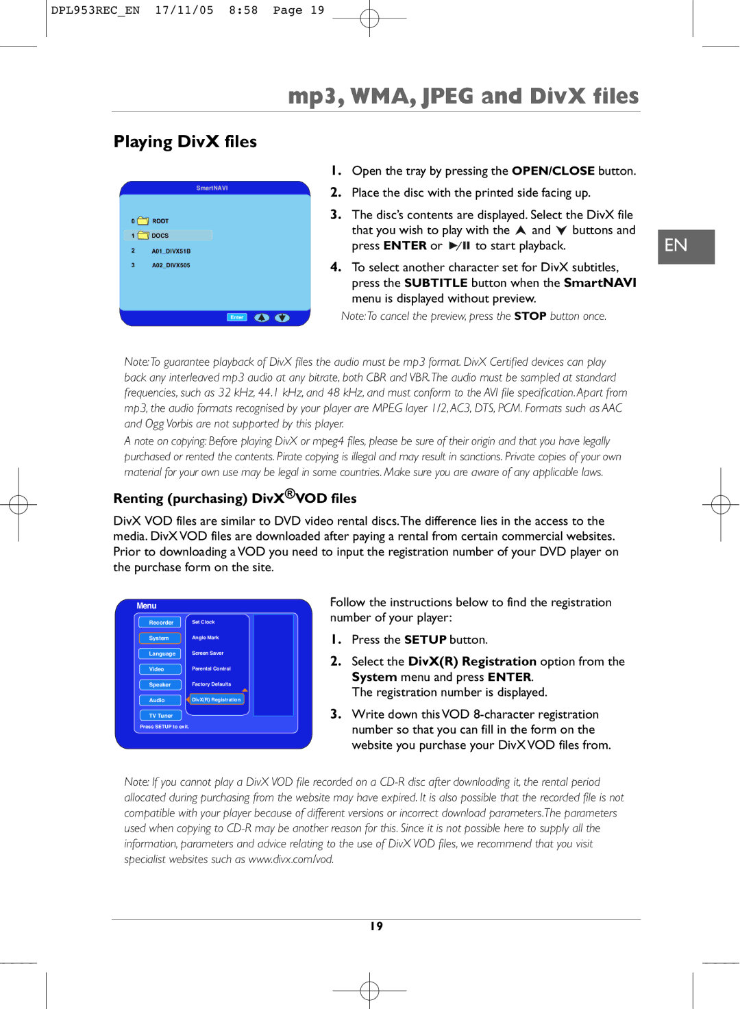 Technicolor - Thomson DPL953REC manual Mp3, WMA, Jpeg and DivX files, Playing DivX files, Renting purchasing DivXVOD files 