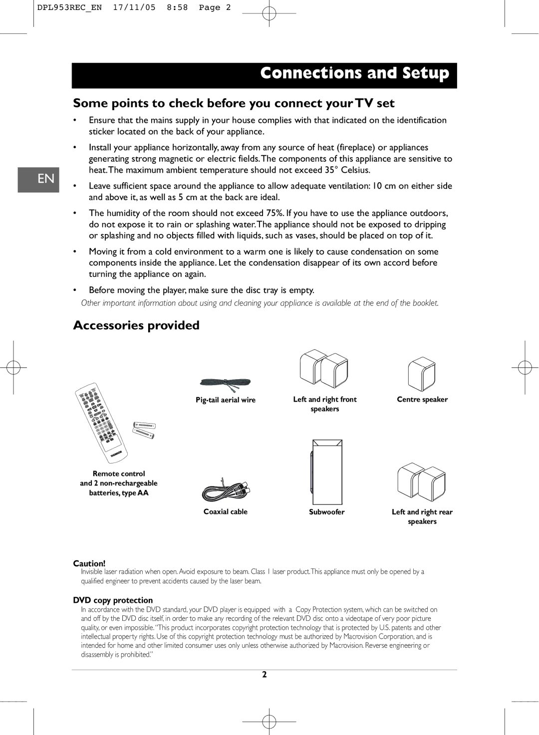 Technicolor - Thomson DPL953REC manual Connections and Setup, Some points to check before you connect your TV set 