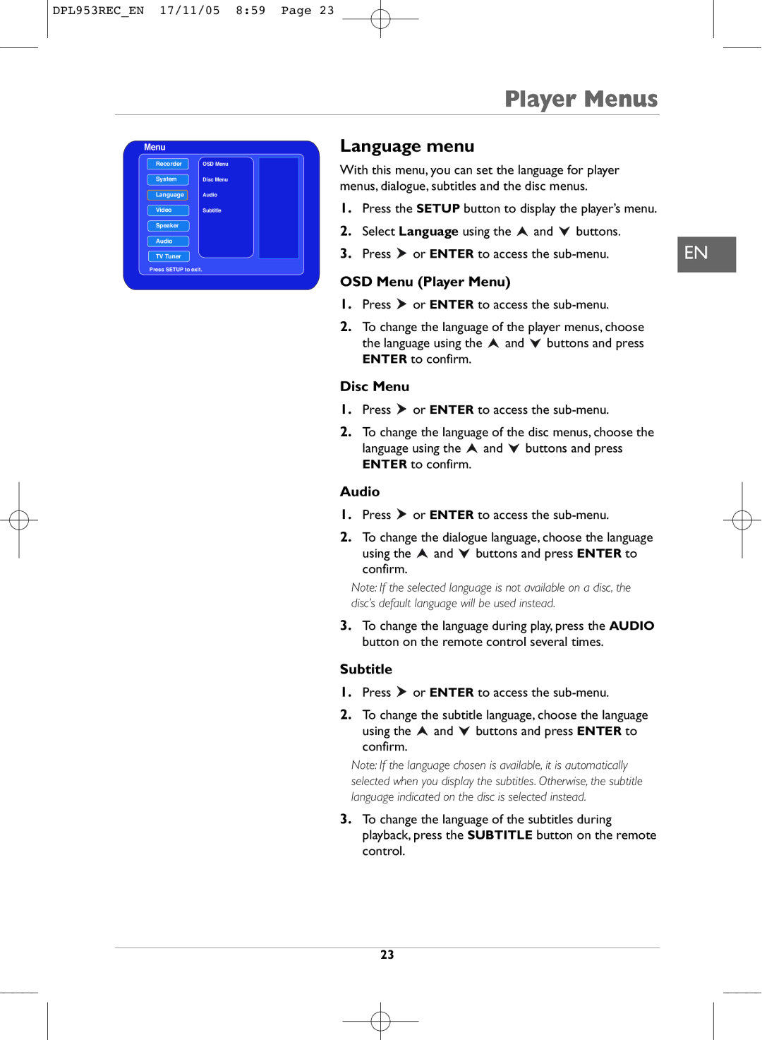 Technicolor - Thomson DPL953REC manual Language menu, OSD Menu Player Menu, Disc Menu, Audio, Subtitle 