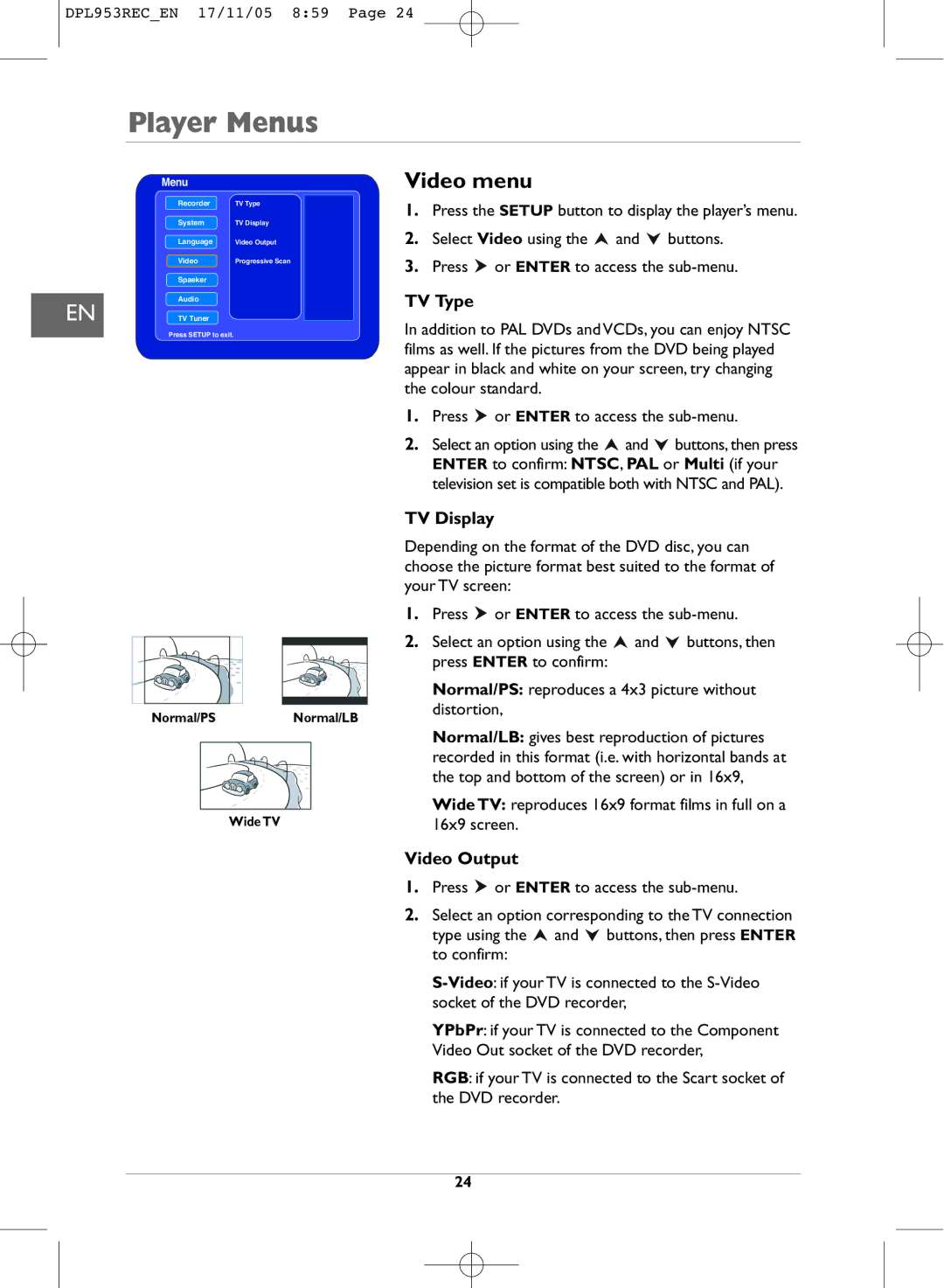 Technicolor - Thomson DPL953REC manual Video menu, TV Type, TV Display, Video Output 