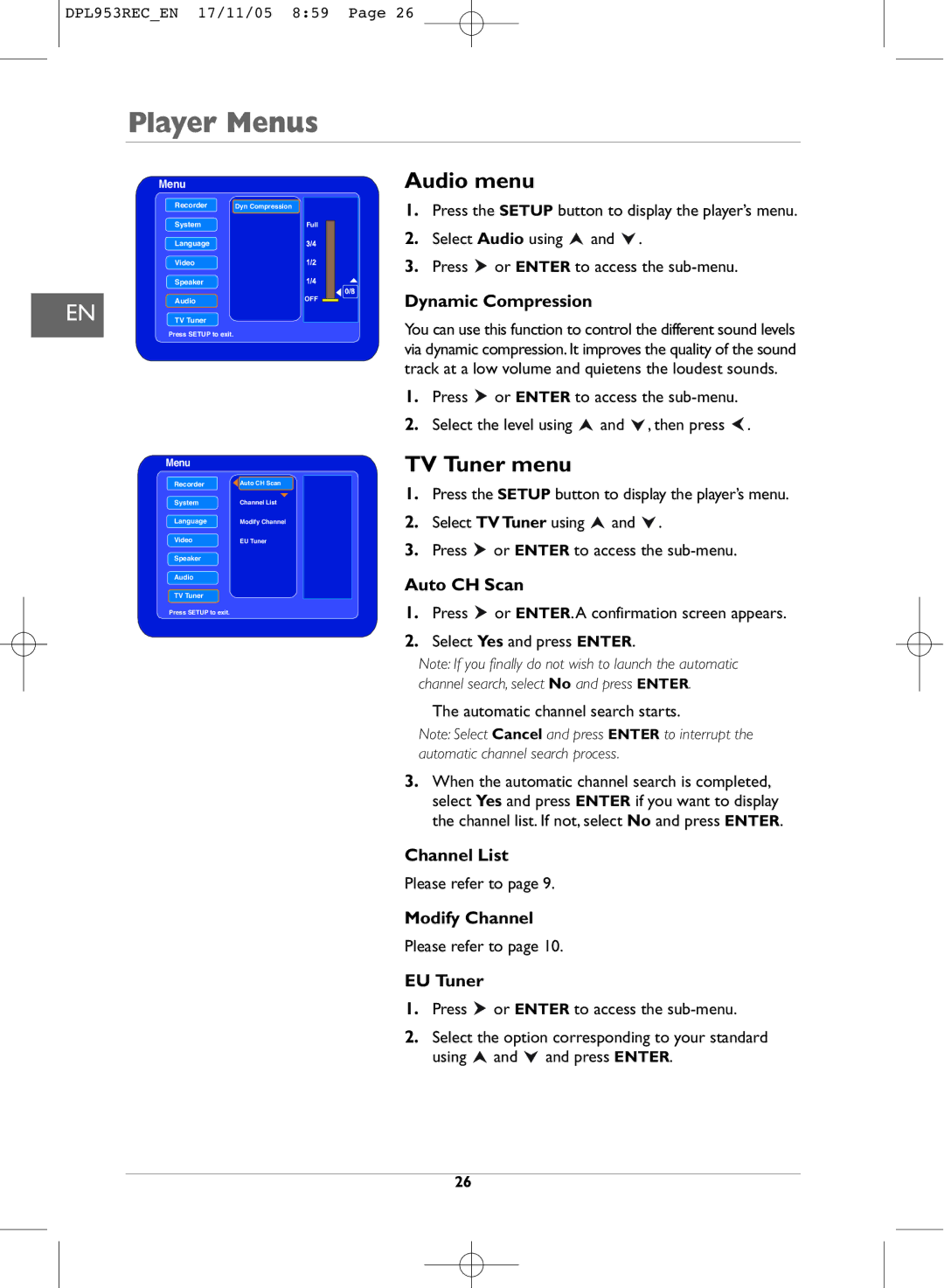 Technicolor - Thomson DPL953REC manual Audio menu, TV Tuner menu 