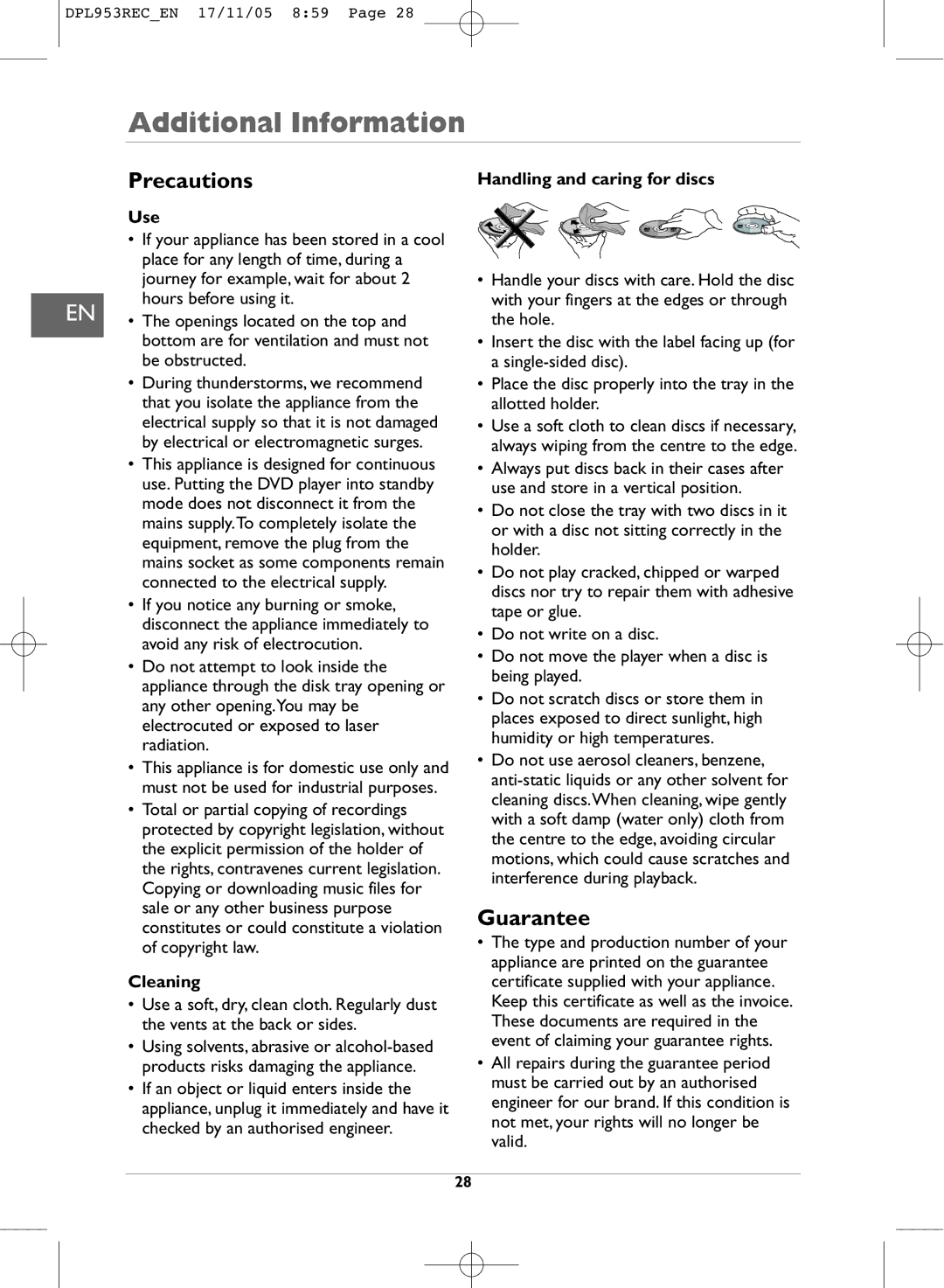 Technicolor - Thomson DPL953REC manual Additional Information, Precautions, Guarantee 