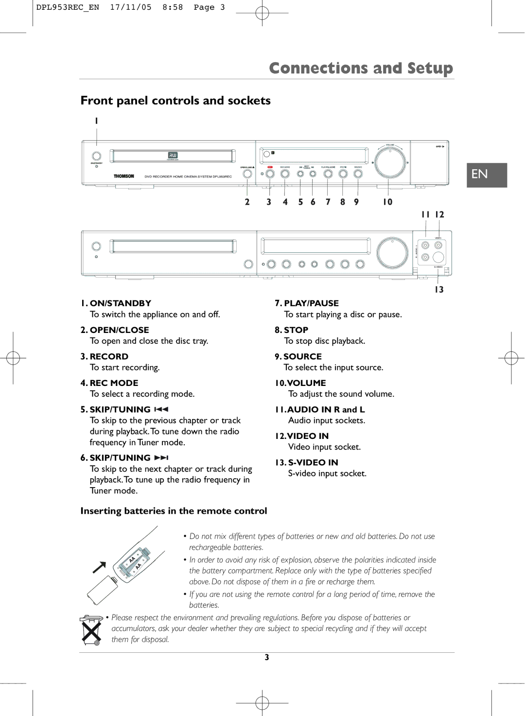 Technicolor - Thomson DPL953REC manual Connections and Setup, Front panel controls and sockets, Audio in R and L 