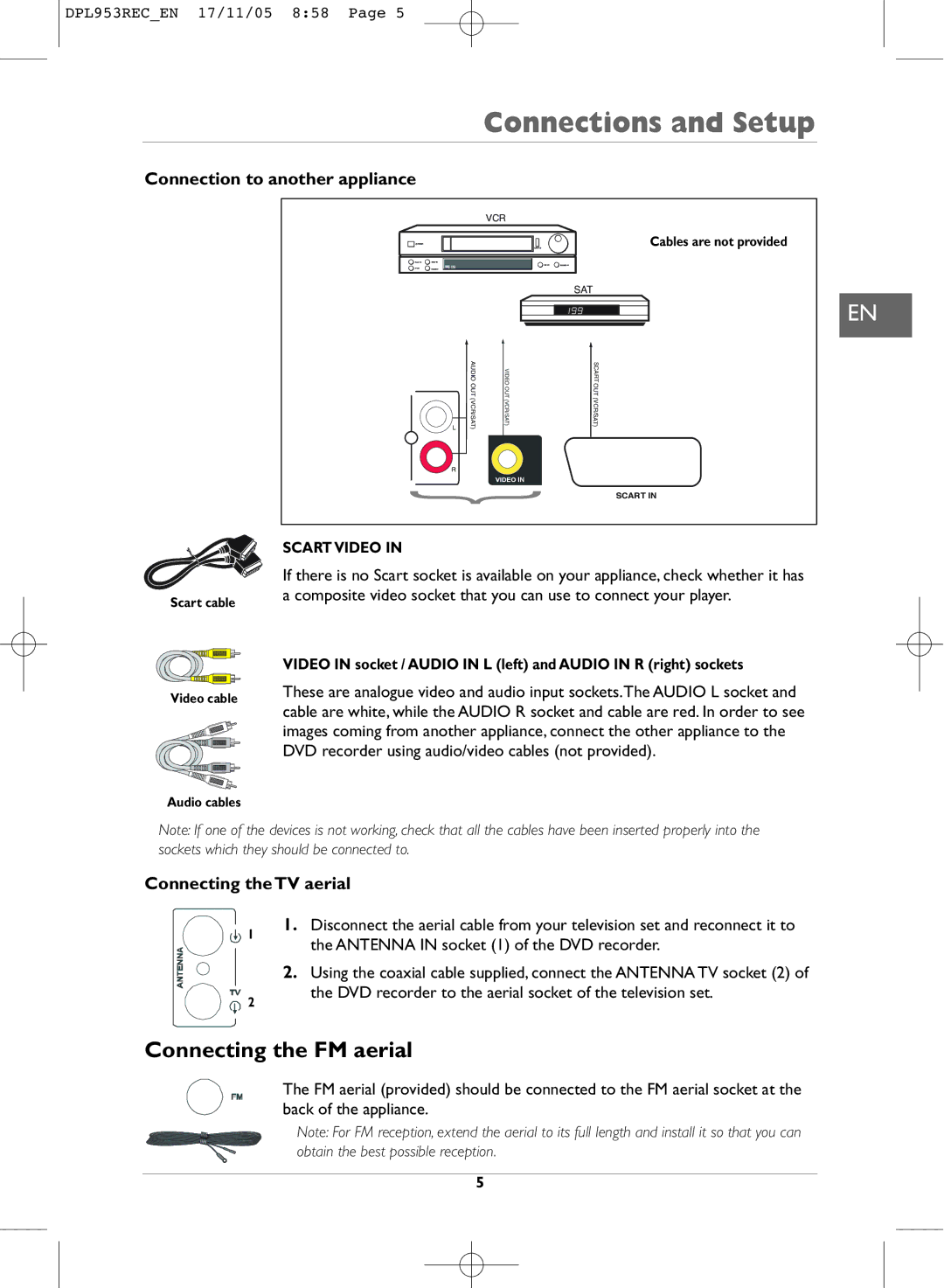 Technicolor - Thomson DPL953REC manual Connecting the FM aerial, Connection to another appliance, Connecting the TV aerial 