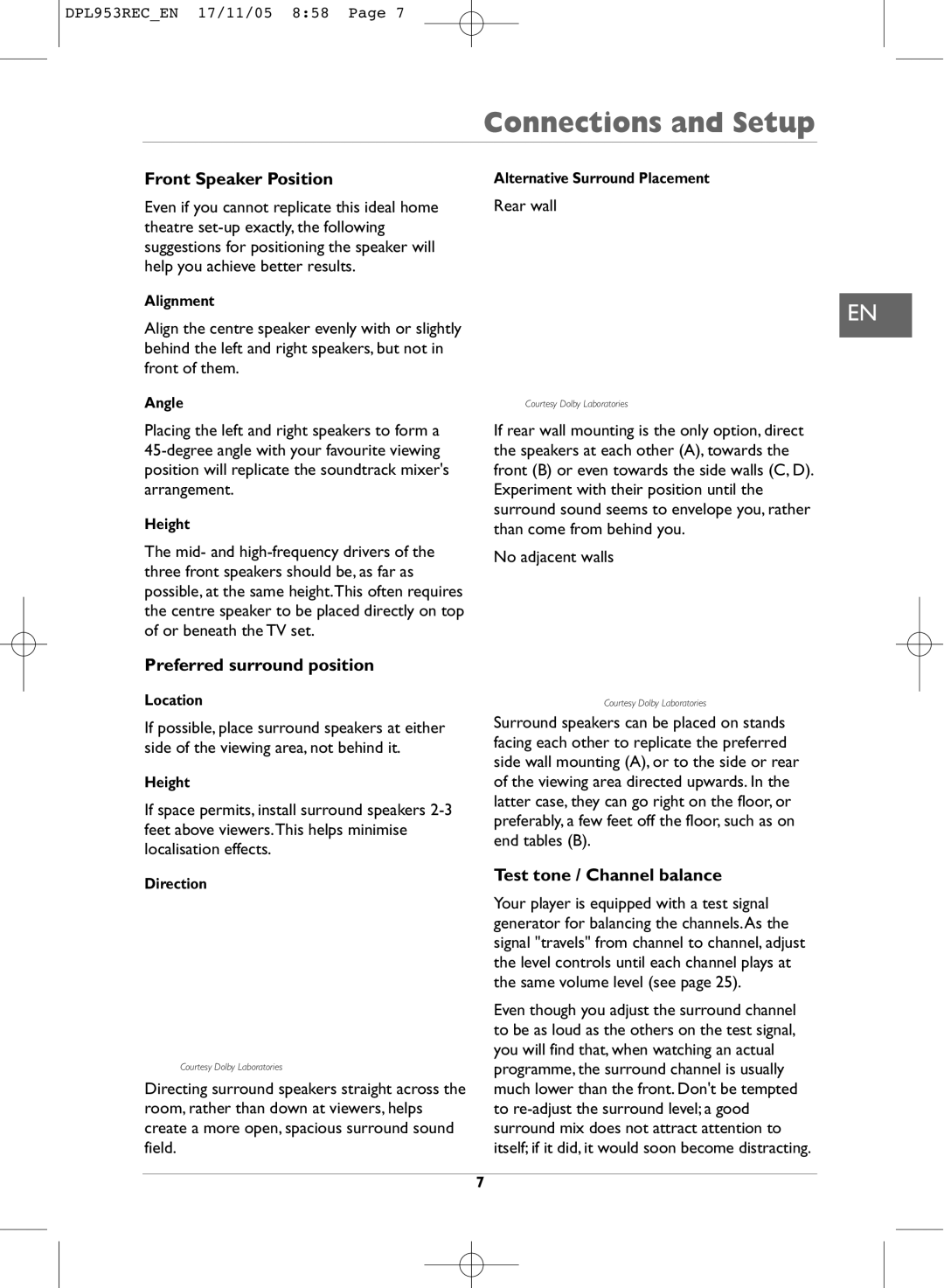 Technicolor - Thomson DPL953REC manual Front Speaker Position, Preferred surround position, Test tone / Channel balance 