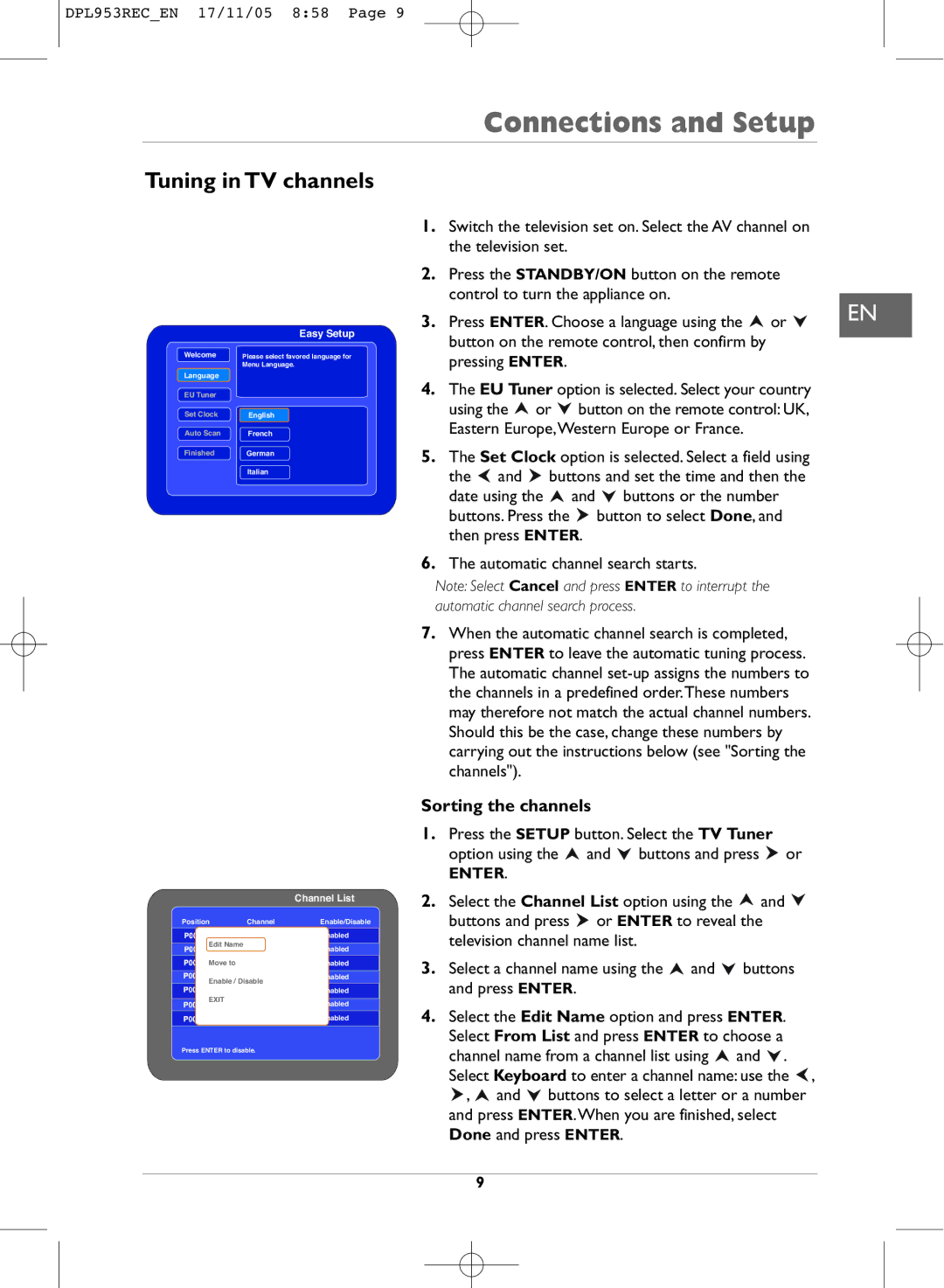 Technicolor - Thomson DPL953REC manual Tuning in TV channels, Sorting the channels 