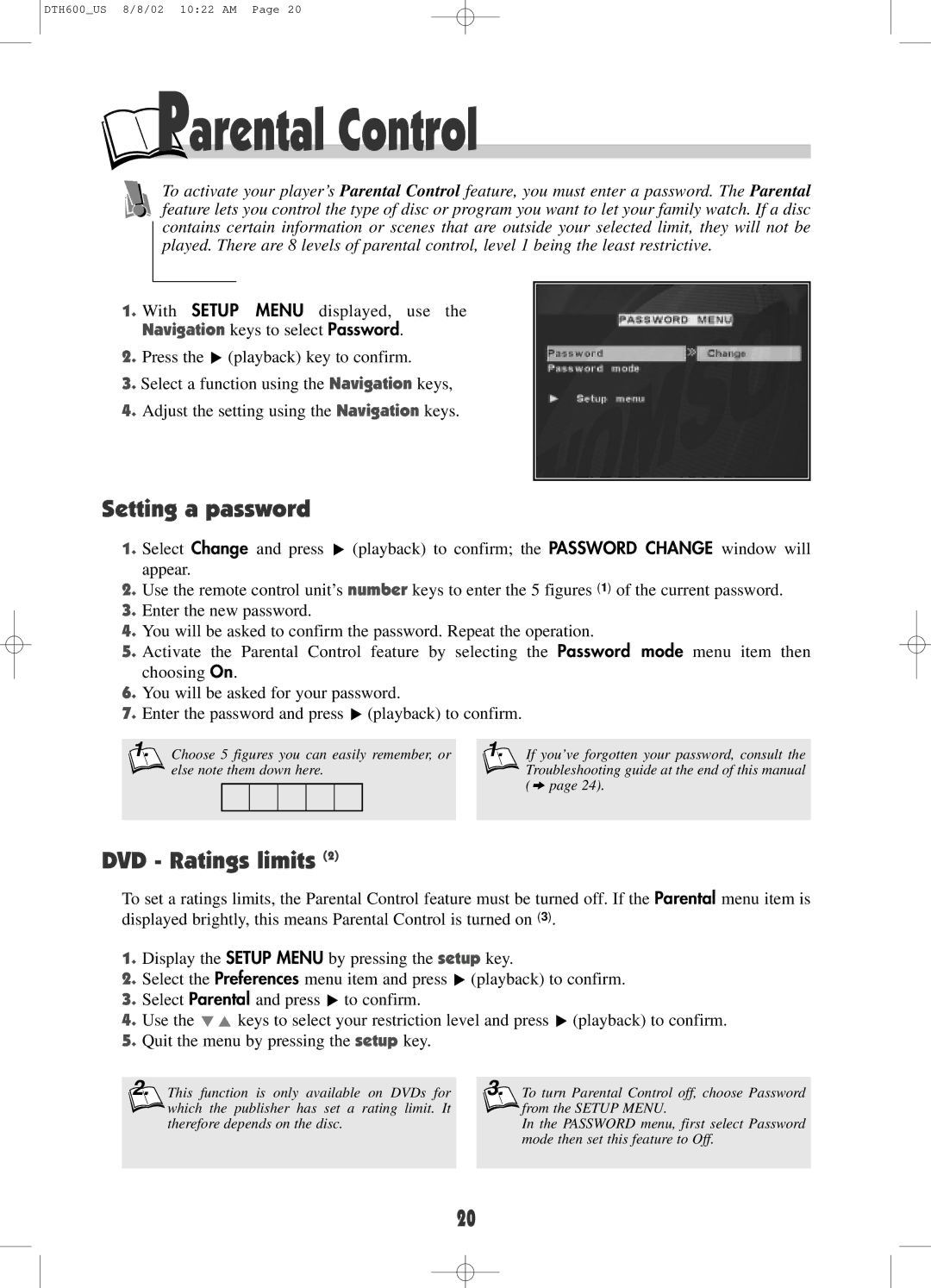 Technicolor - Thomson DRC600N user manual Parental Control, Setting a password, DVD Ratings limits 