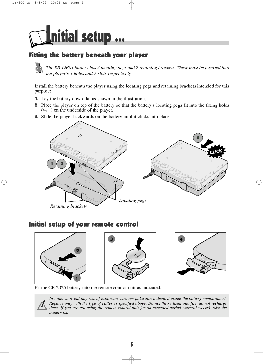 Technicolor - Thomson DRC600N user manual Fitting the battery beneath your player, Initial setup of your remote control 