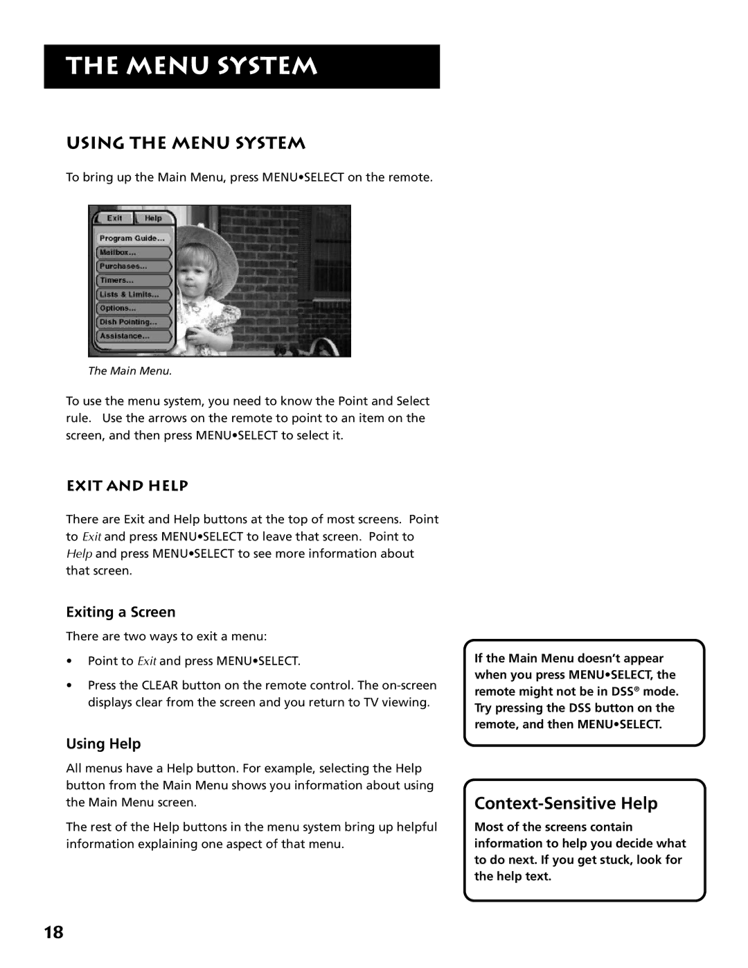 Technicolor - Thomson DRD302RA owner manual Using the Menu System, Exit and Help, Exiting a Screen, Using Help 