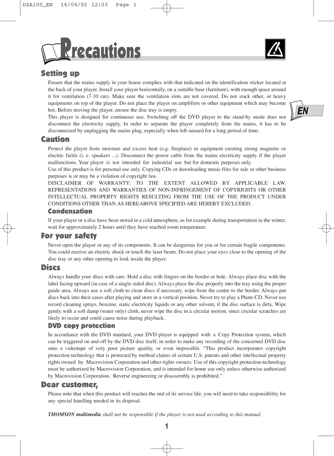 Technicolor - Thomson DSA100 warranty Precautions, Setting up, For your safety, Discs, Dear customer 