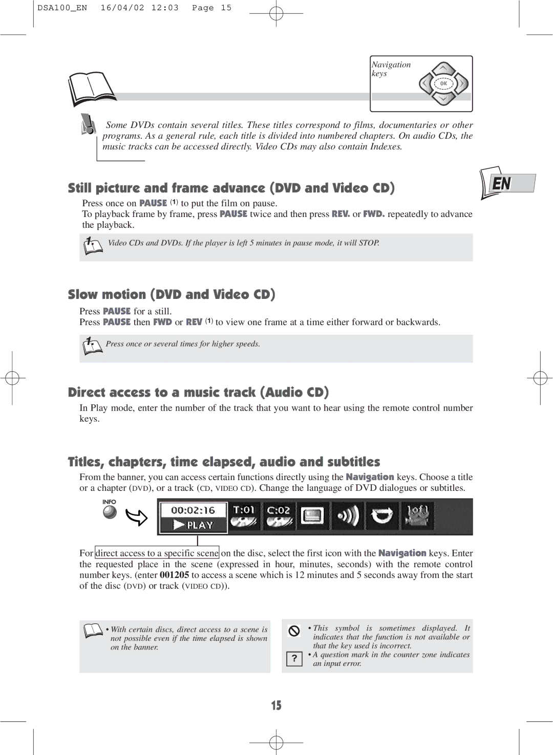 Technicolor - Thomson DSA100 warranty Still picture and frame advance DVD and Video CD, Slow motion DVD and Video CD 