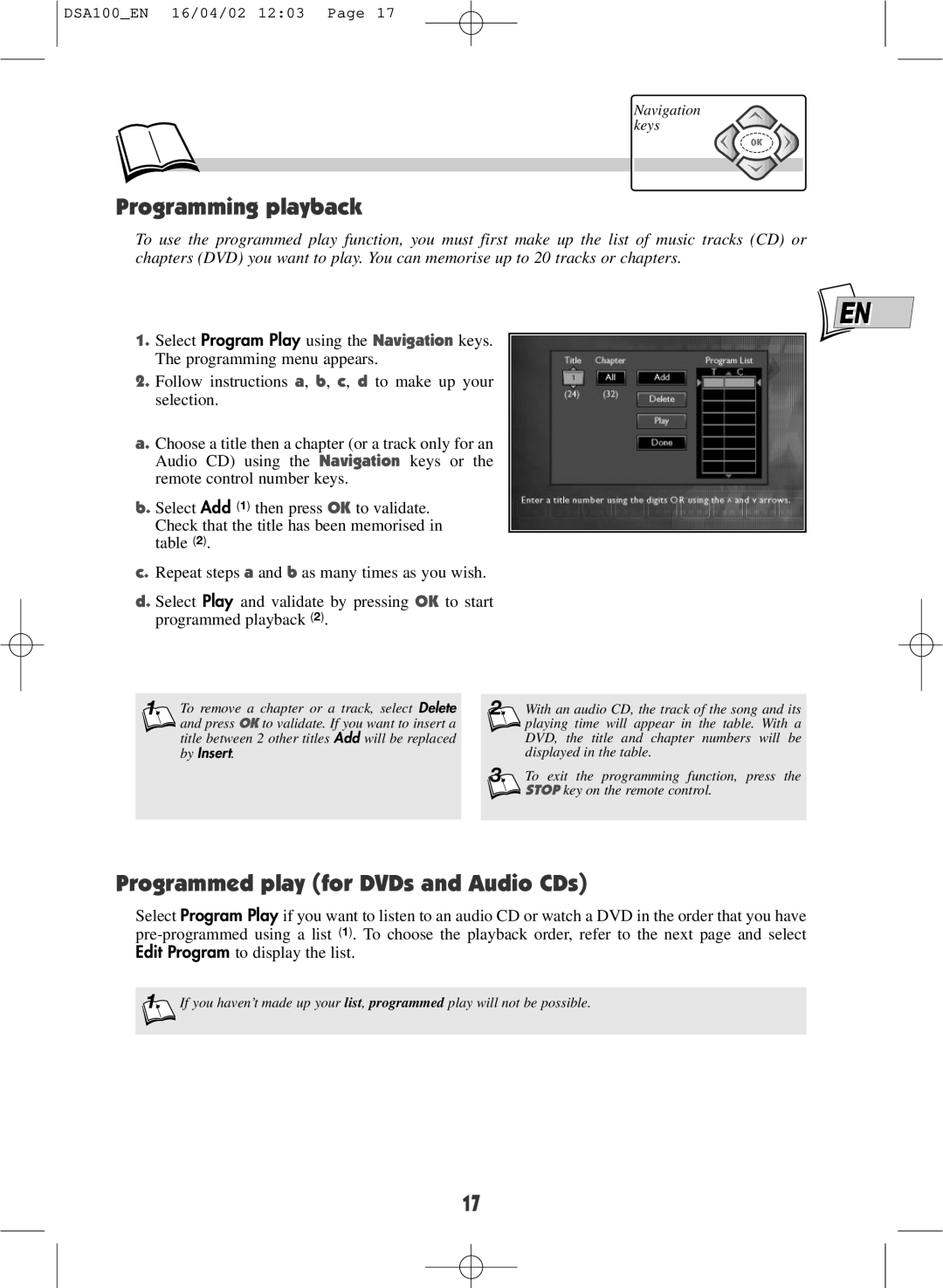Technicolor - Thomson DSA100 warranty Programming playback, Programmed play for DVDs and Audio CDs 
