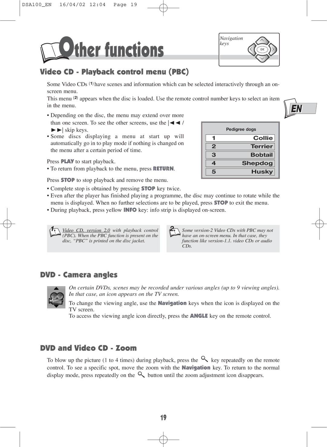 Technicolor - Thomson DSA100 warranty Video CD Playback control menu PBC, DVD Camera angles, DVD and Video CD Zoom 