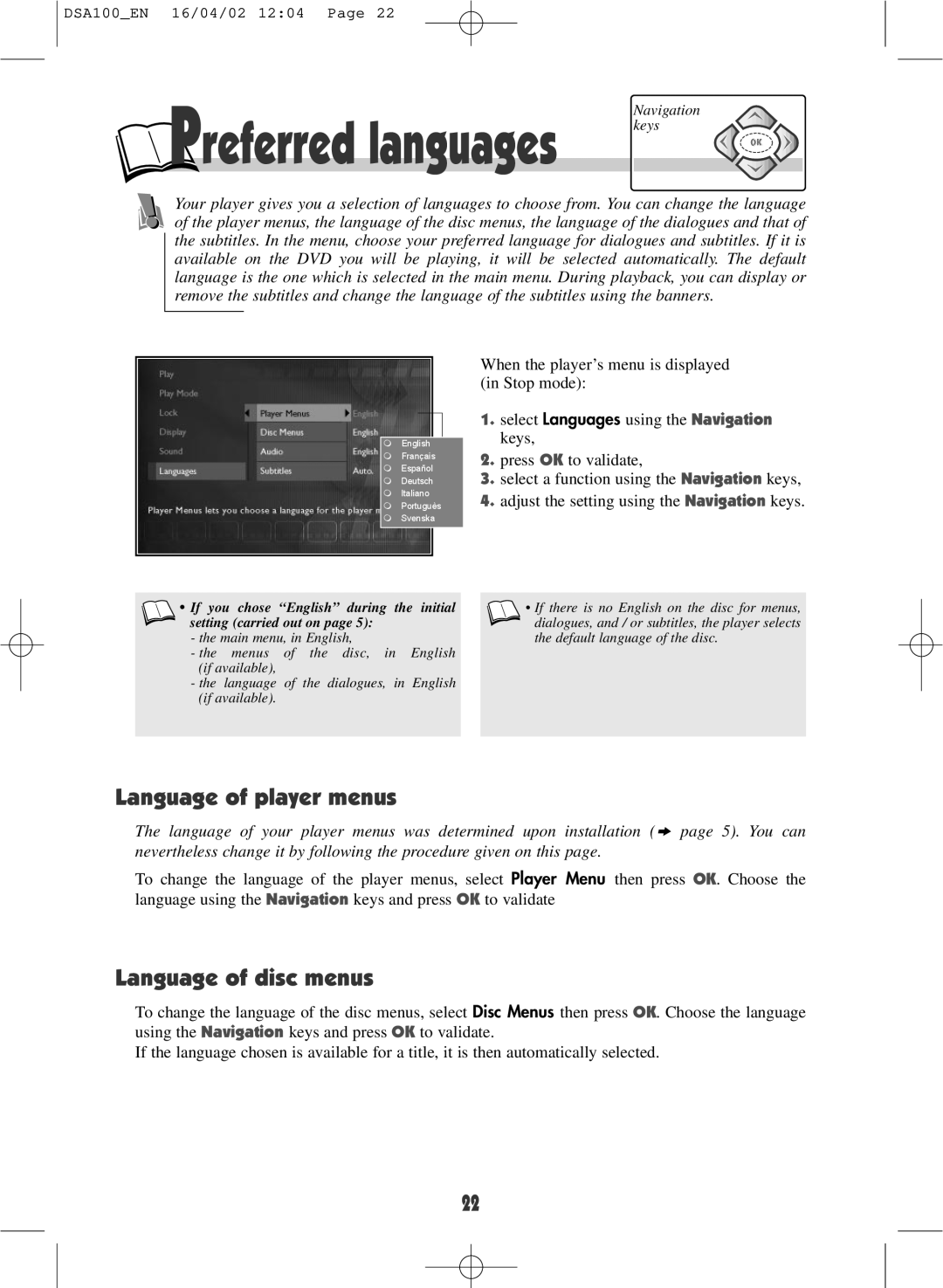 Technicolor - Thomson DSA100 warranty Language of player menus, Language of disc menus 