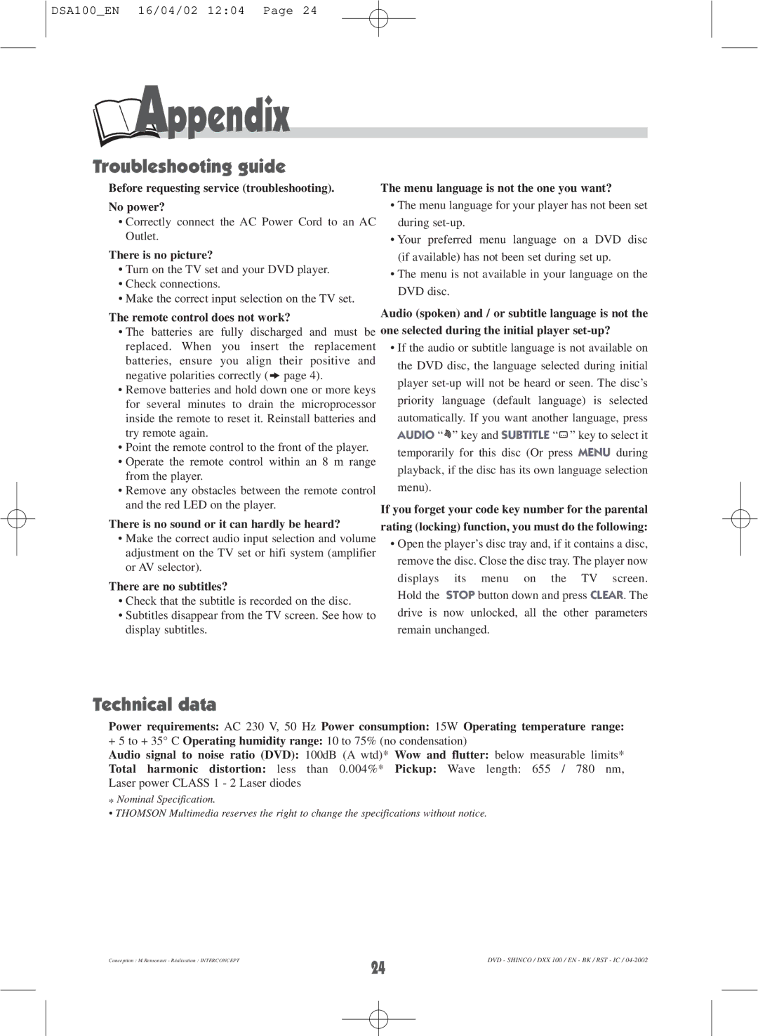 Technicolor - Thomson DSA100 warranty Appendix, Troubleshooting guide, Technical data 