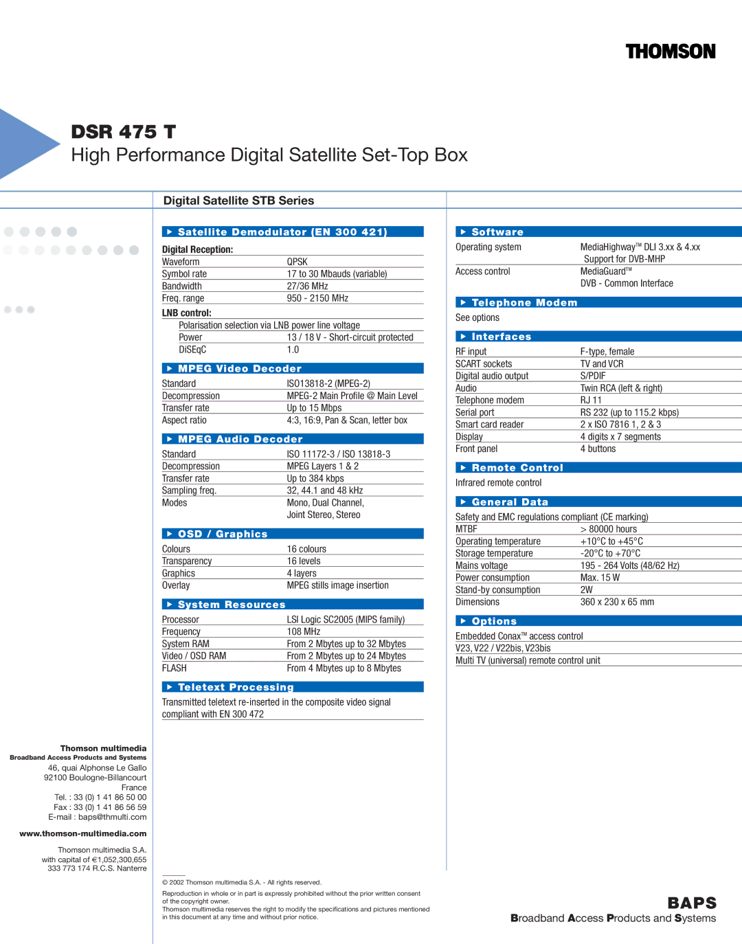 Technicolor - Thomson DSR 436 T specifications DSR 475 T 