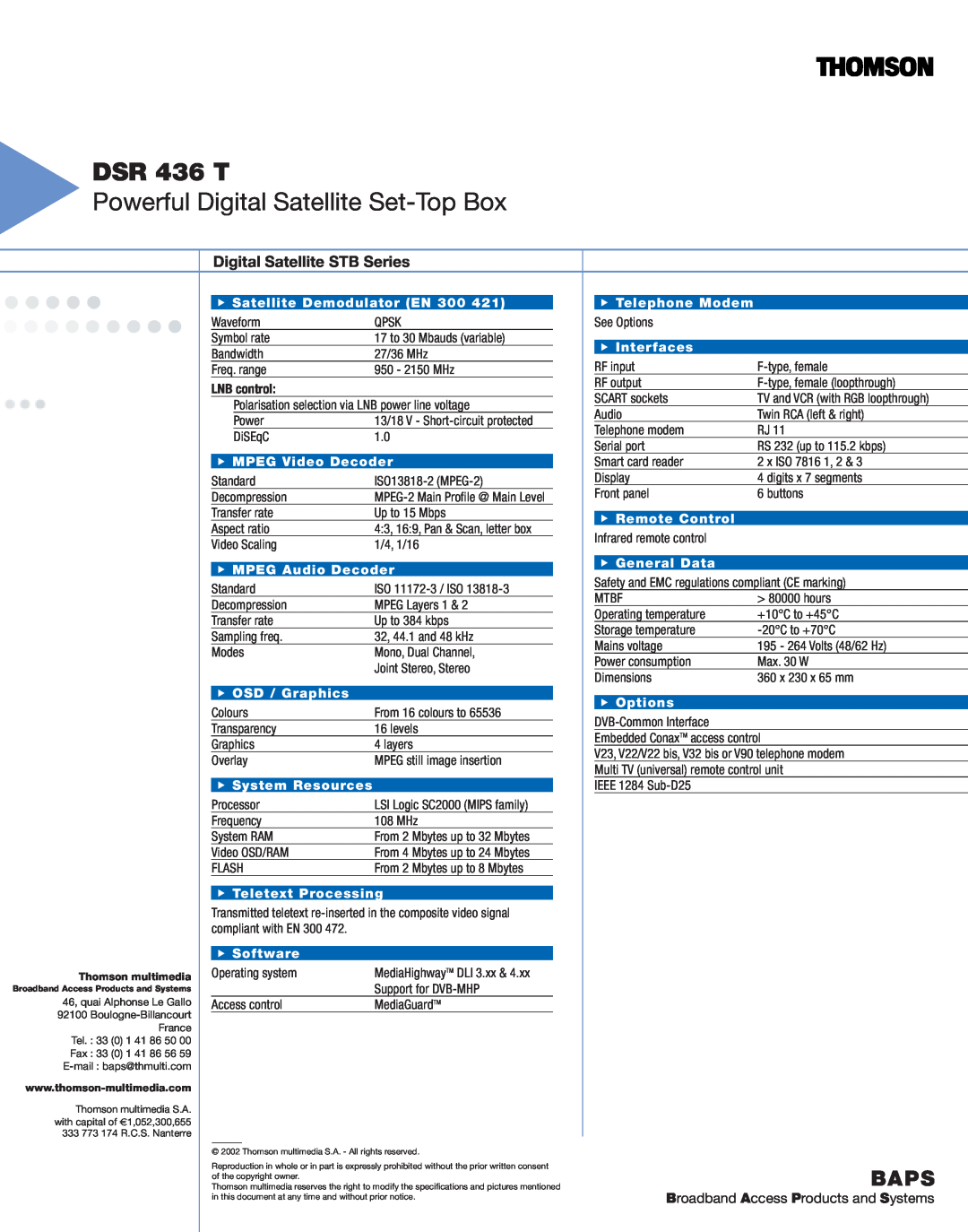 Technicolor - Thomson DSR 436 T specifications Powerful Digital Satellite Set-Top Box, Baps, Digital Satellite STB Series 