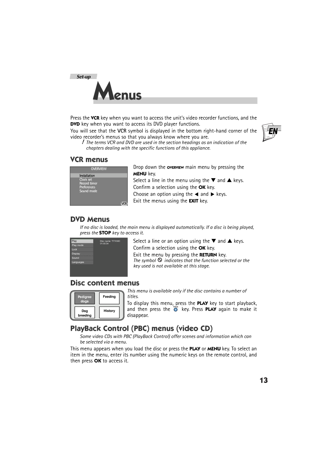 Technicolor - Thomson DTH 6000 manual VCR menus, DVD Menus, Disc content menus, PlayBack Control PBC menus video CD 