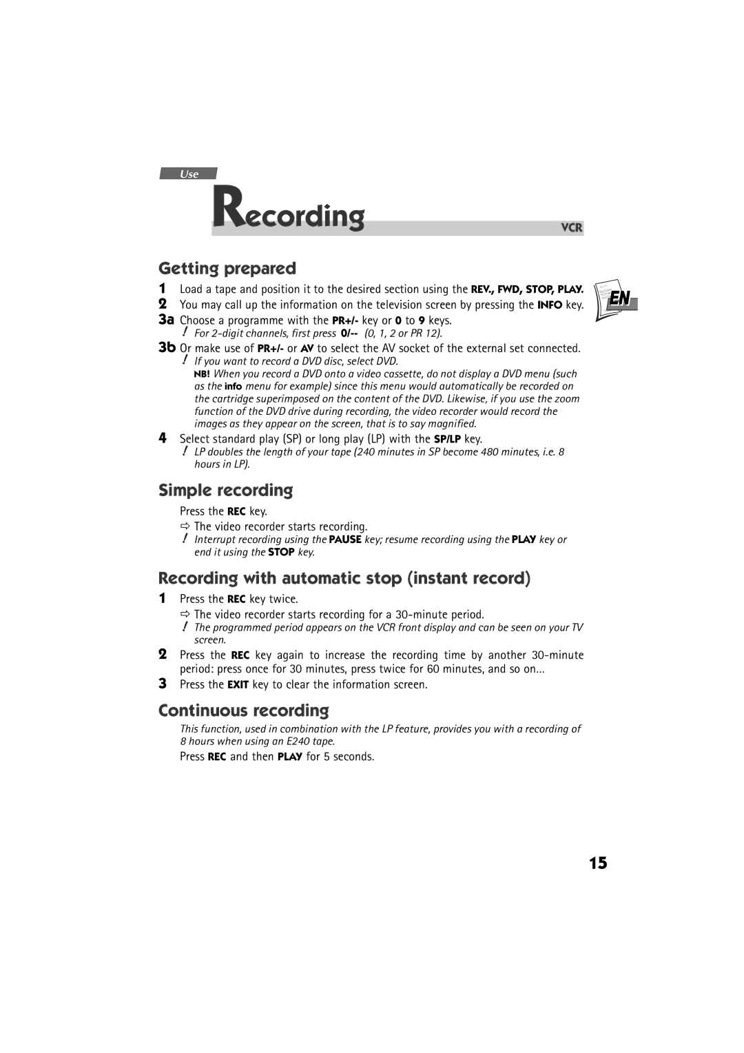 Technicolor - Thomson DTH 6000 manual Getting prepared, Simple recording, Recording with automatic stop instant record 