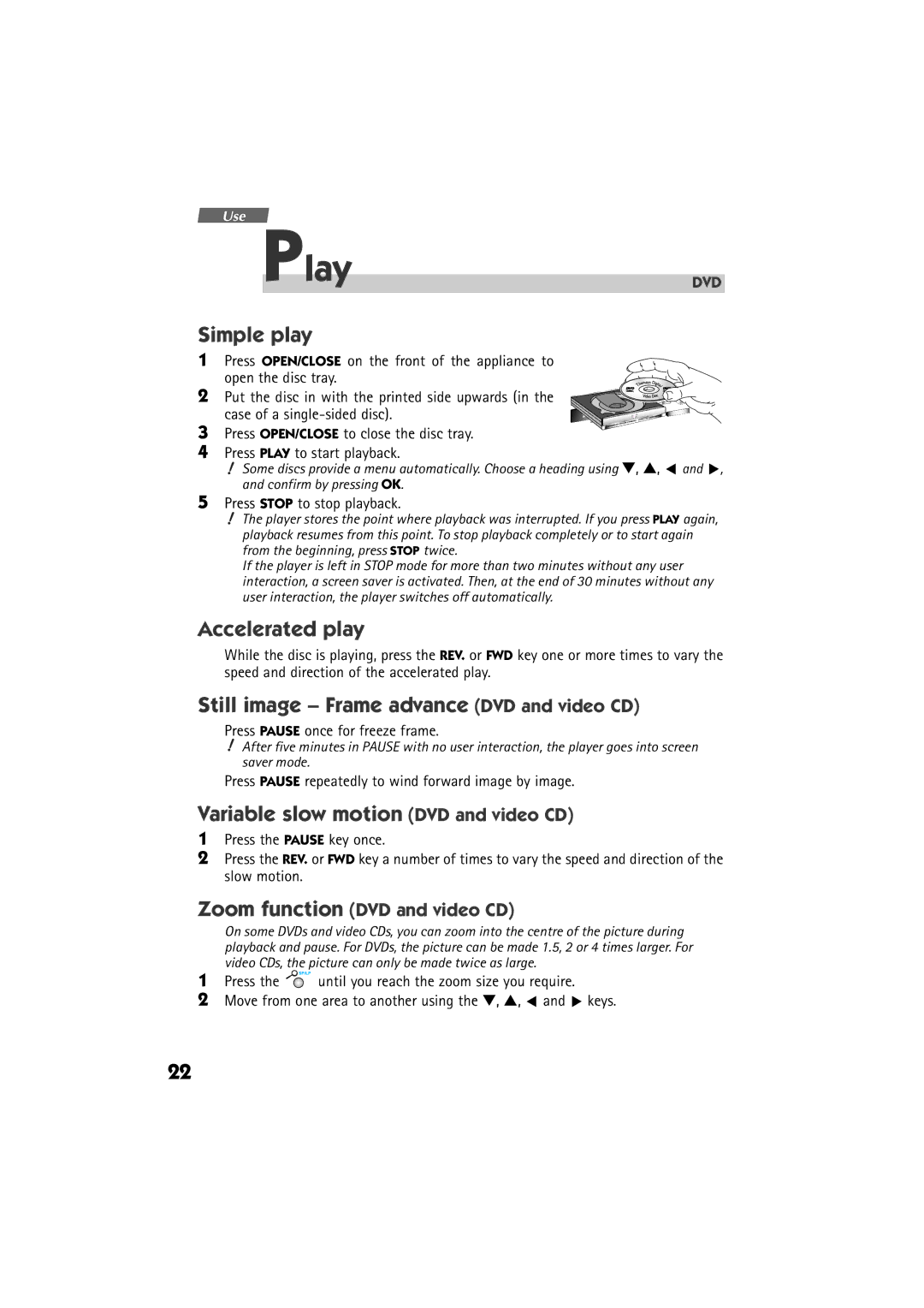 Technicolor - Thomson DTH 6000 manual Play, Simple play, Still image Frame advance DVD and video CD 