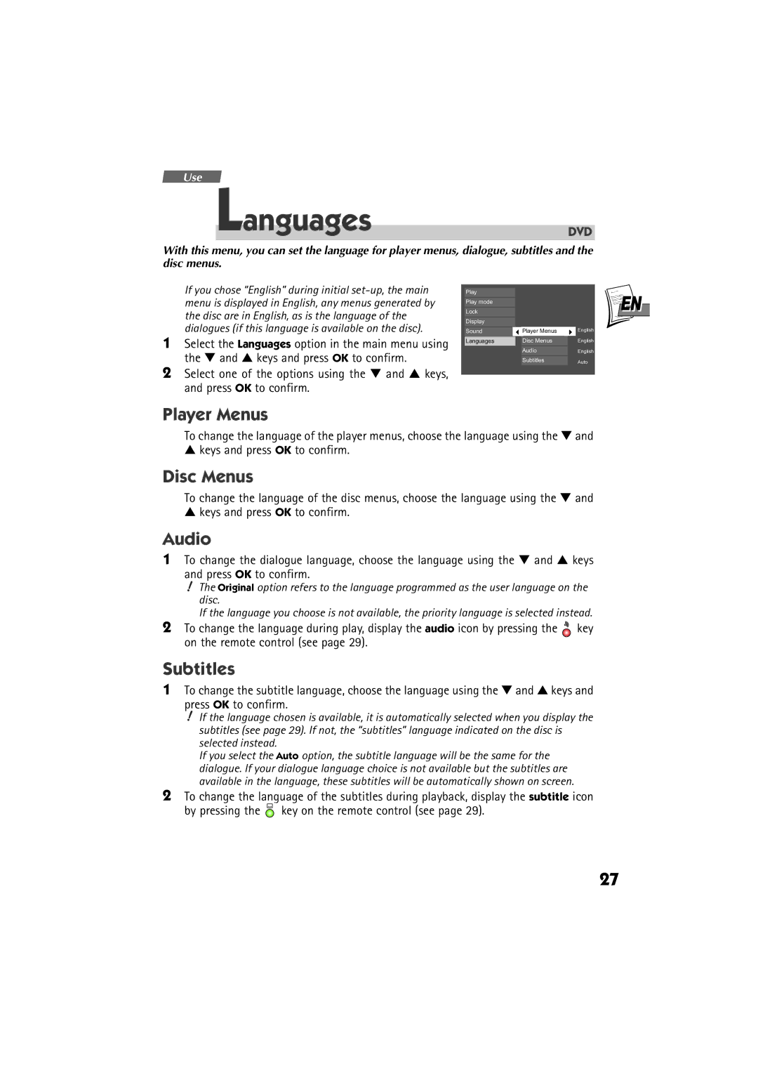 Technicolor - Thomson DTH 6000 manual Languages, Player Menus, Disc Menus, Audio, Subtitles 