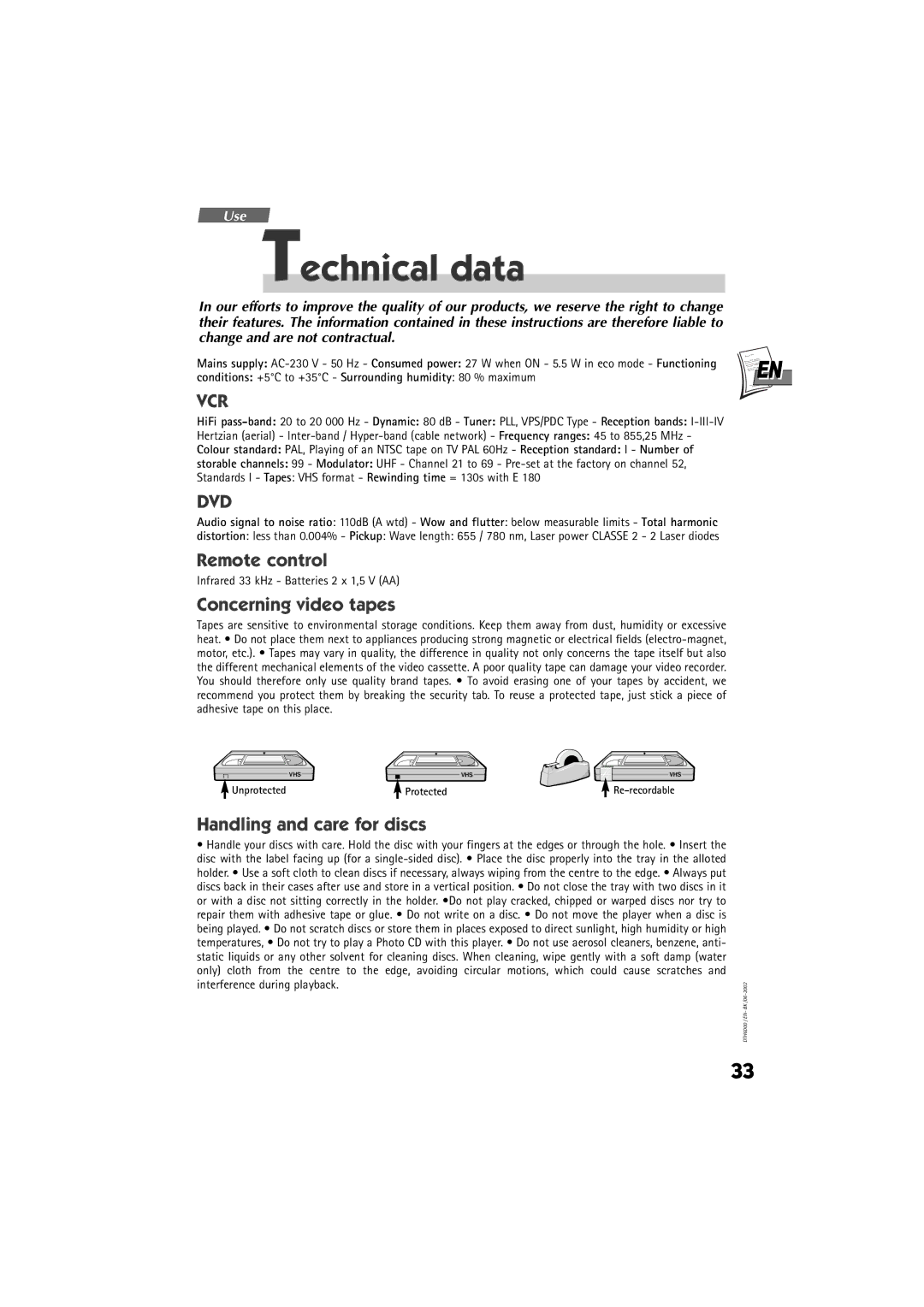 Technicolor - Thomson DTH 6000 manual Technical data, Remote control, Concerning video tapes, Handling and care for discs 