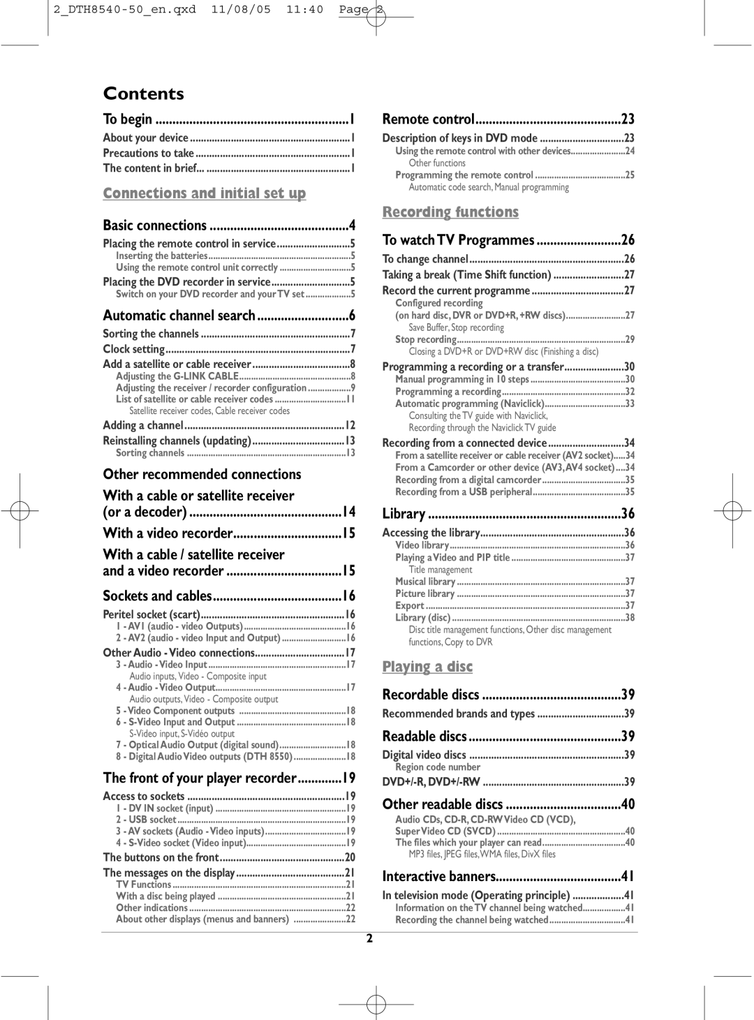 Technicolor - Thomson DTH 8550, DTH 8540 manual Contents 