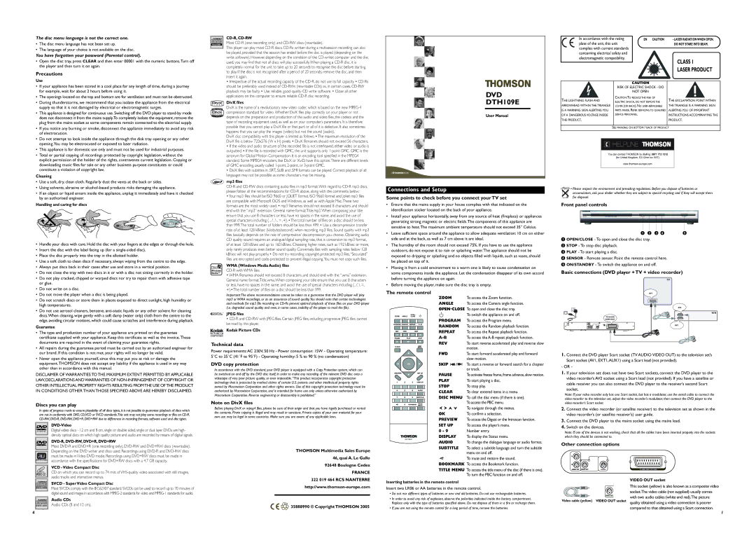 Technicolor - Thomson DTH109E specifications Precautions, Discs you can play, Technical data, DVD copy protection 