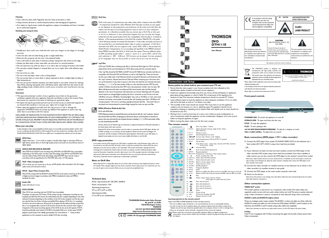 Technicolor - Thomson DTH111E specifications Some points to check before you connect your TV set, Discs you can play 