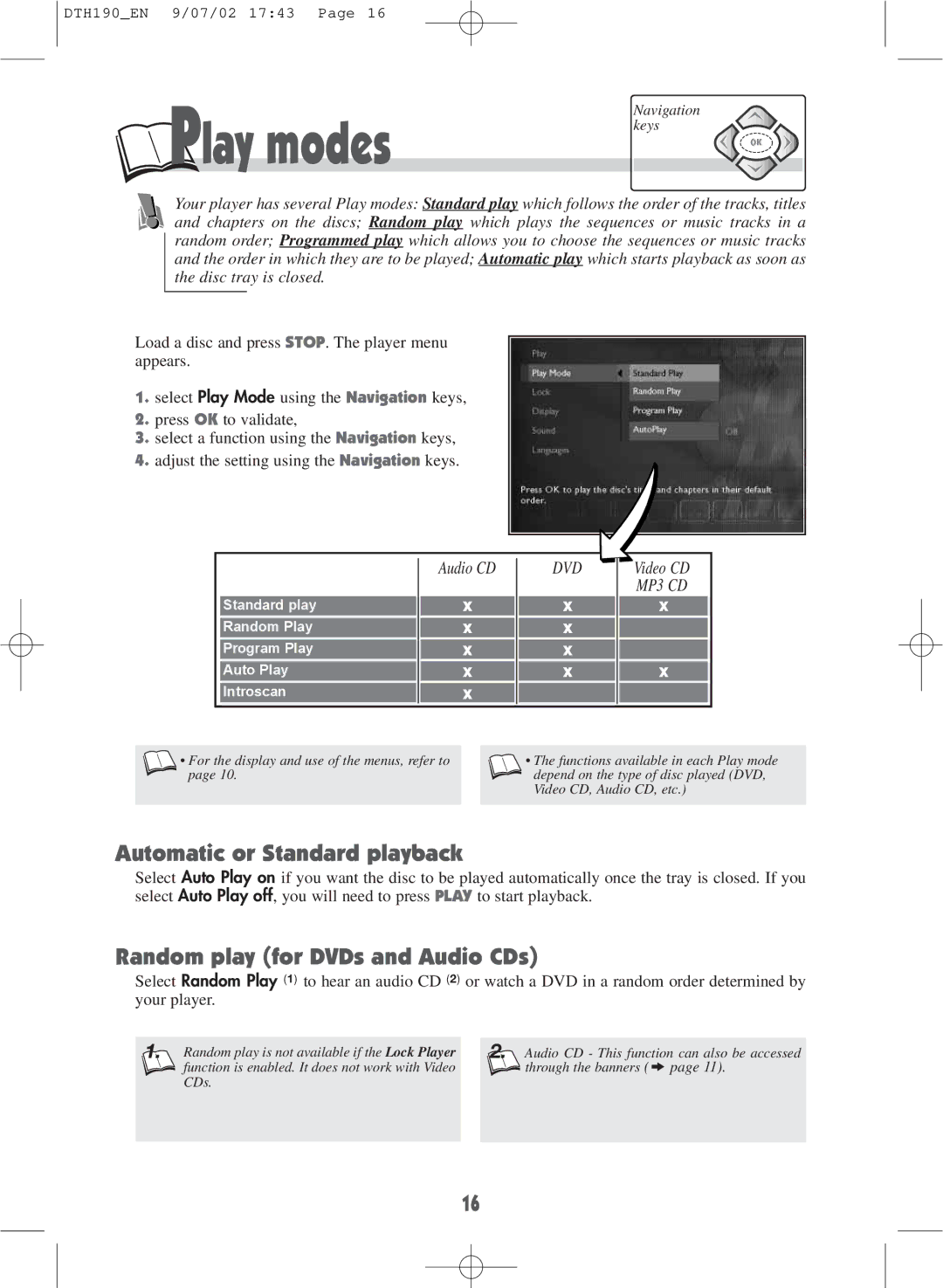 Technicolor - Thomson DTH190 warranty Play modes, Automatic or Standard playback, Random play for DVDs and Audio CDs 
