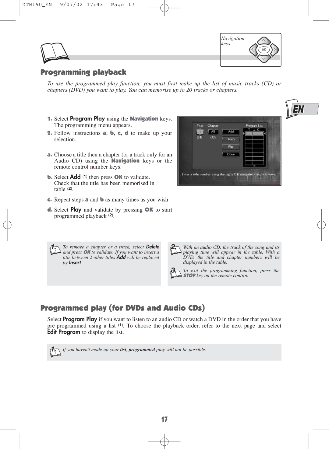 Technicolor - Thomson DTH190 warranty Programming playback, Programmed play for DVDs and Audio CDs 