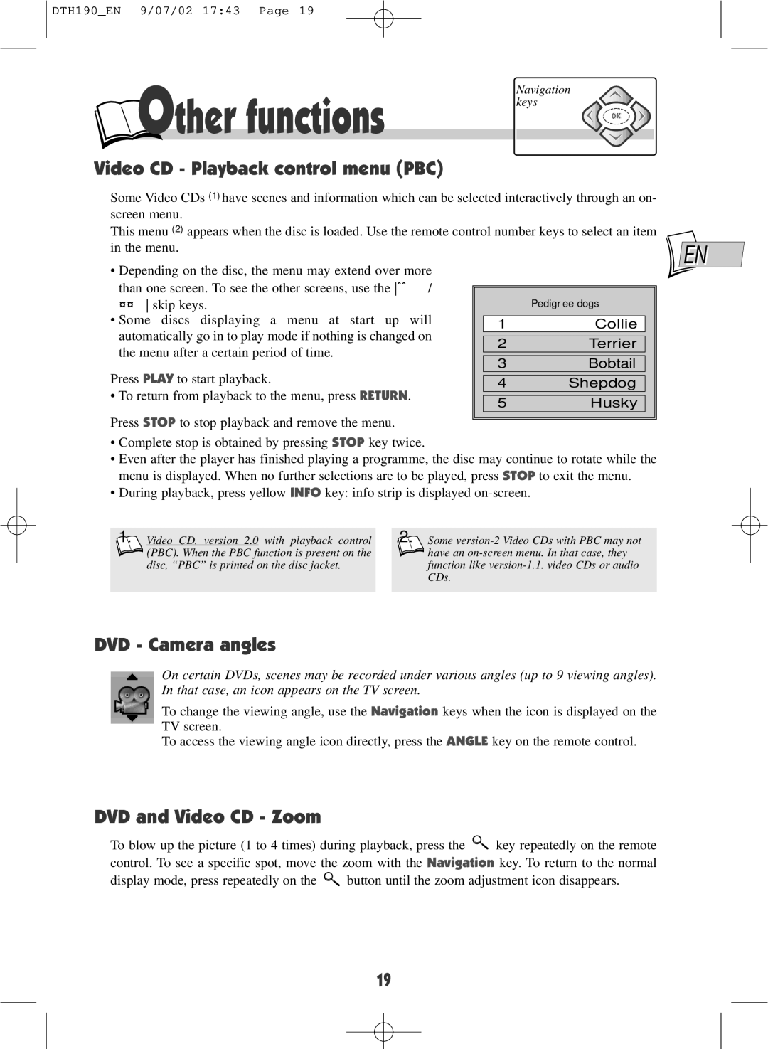 Technicolor - Thomson DTH190 warranty Video CD Playback control menu PBC, DVD Camera angles, DVD and Video CD Zoom 