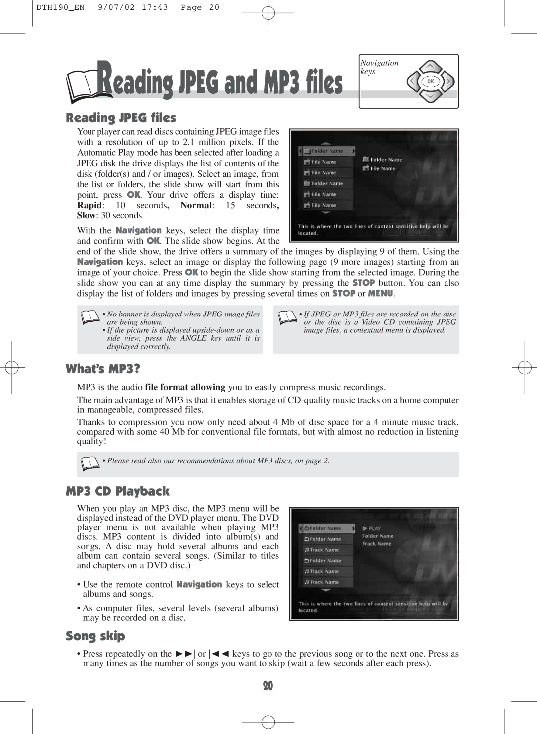 Technicolor - Thomson DTH190 warranty Reading Jpeg files, What’s MP3?, MP3 CD Playback, Song skip 