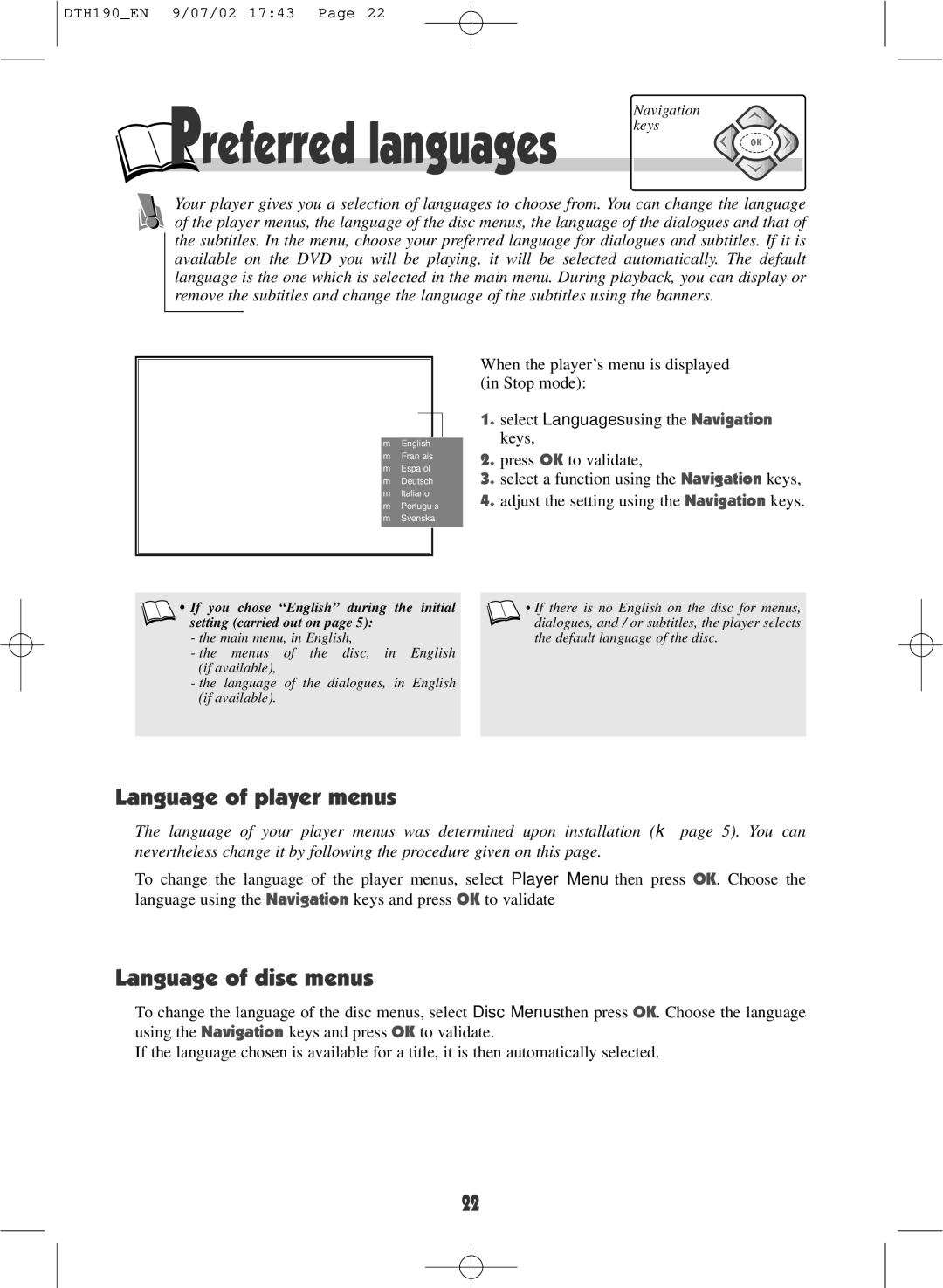 Technicolor - Thomson DTH190 warranty Language of player menus, Language of disc menus 