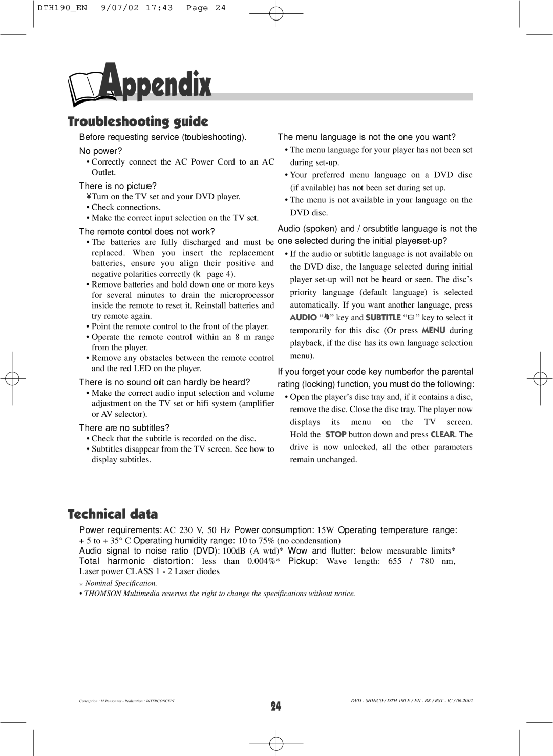 Technicolor - Thomson DTH190 warranty Appendix, Troubleshooting guide, Technical data 