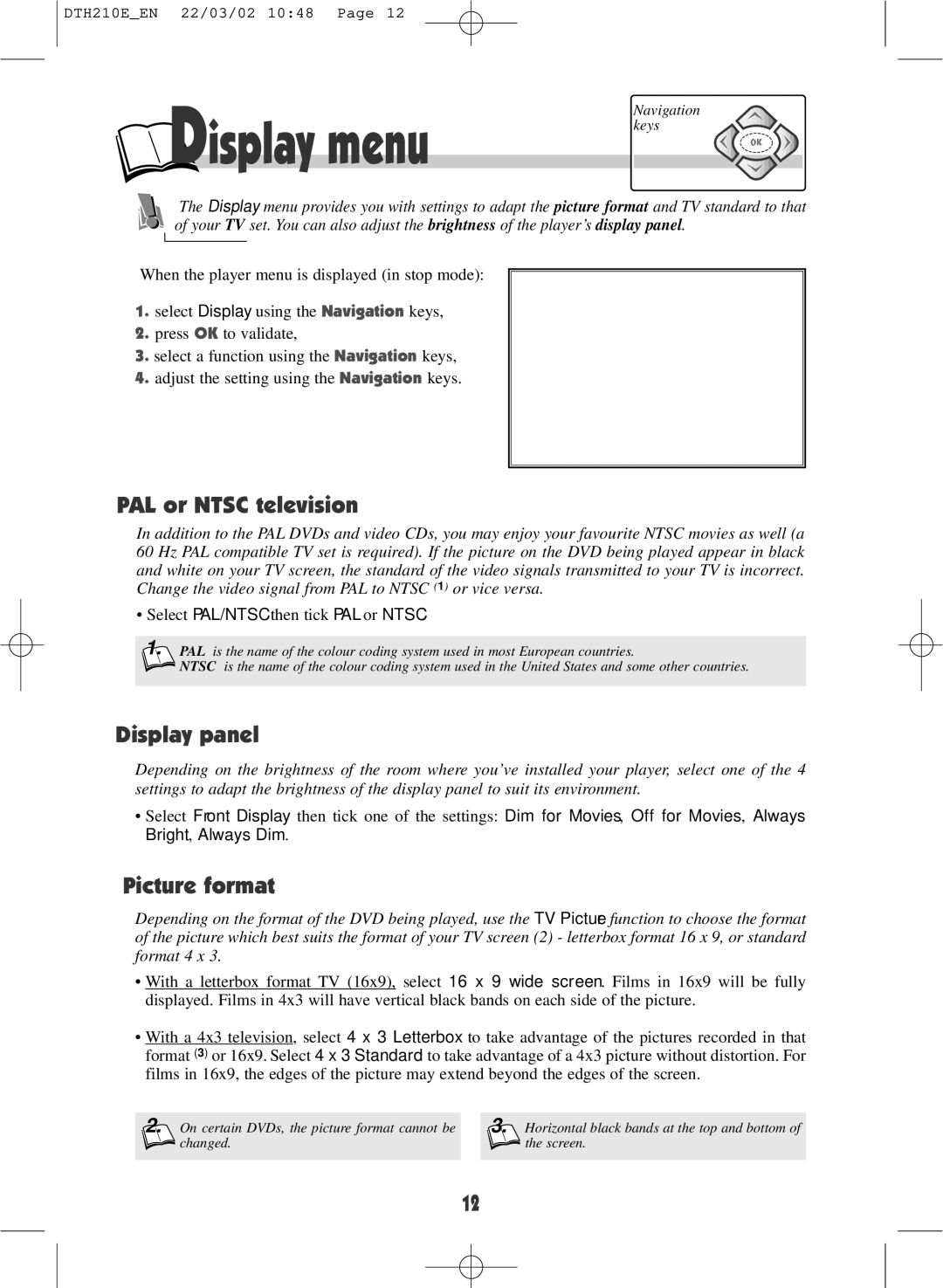 Technicolor - Thomson DTH210E warranty Display menu, PAL or Ntsc television, Display panel, Picture format 