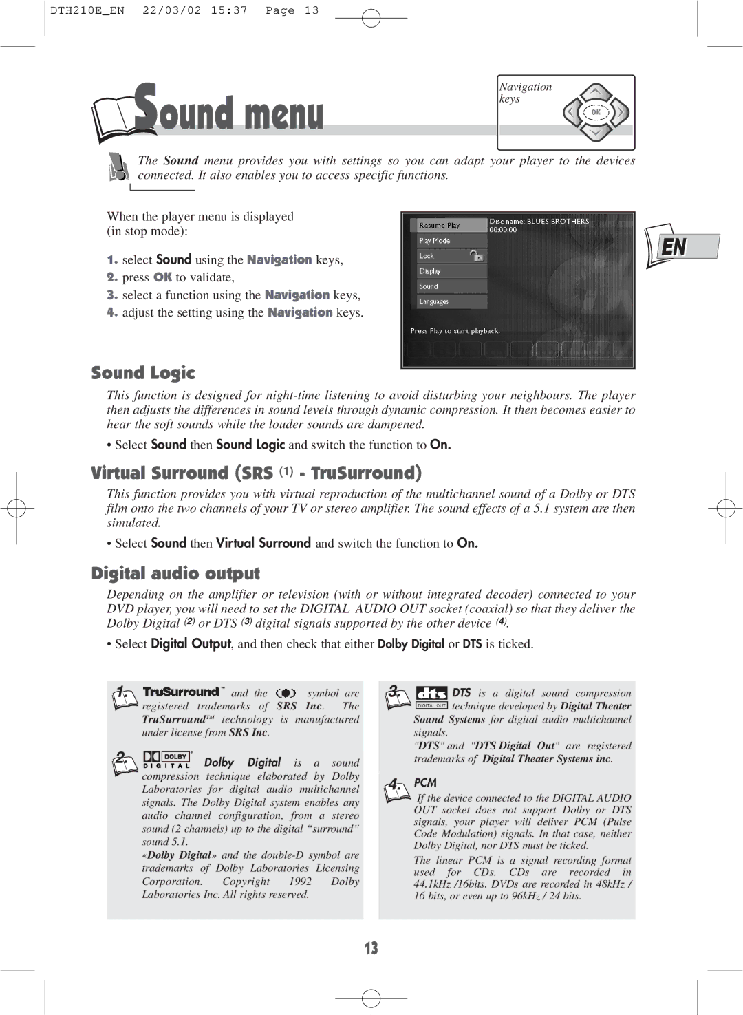 Technicolor - Thomson DTH210E warranty Sound menu, Sound Logic, Virtual Surround SRS 1 TruSurround, Digital audio output 